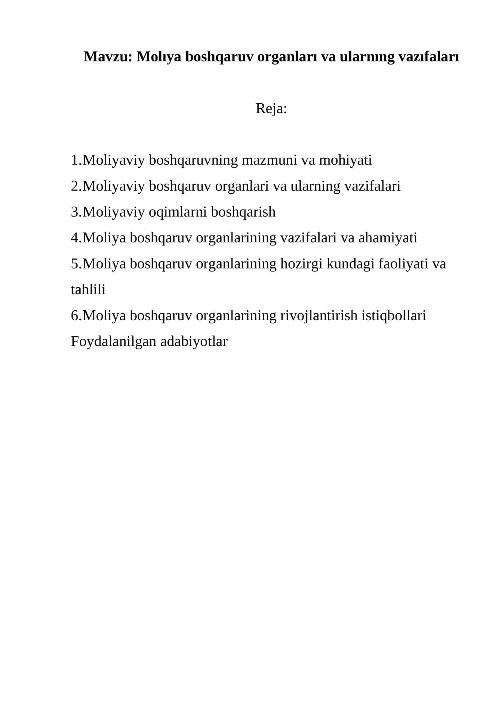 Moliya Boshqaruv Organlari va Ularning Vazifalari