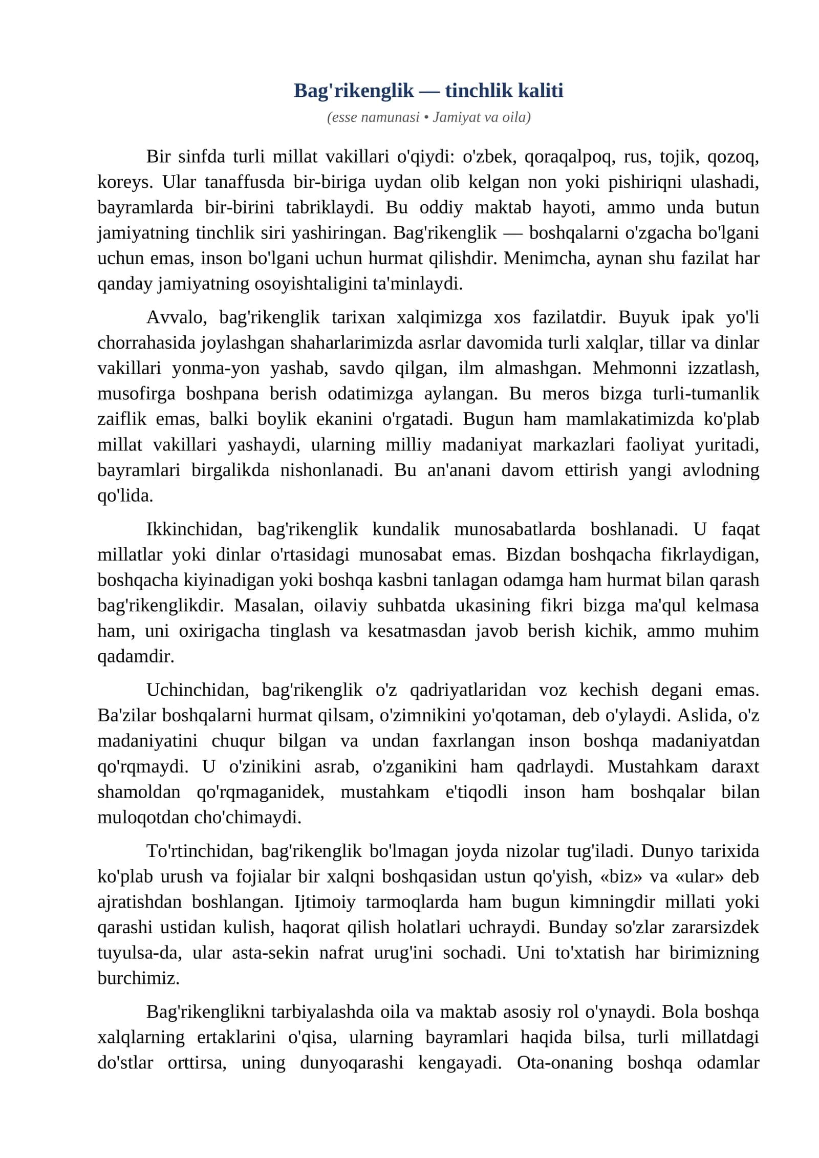 Esse Bagrikenglik tinchlik kaliti
