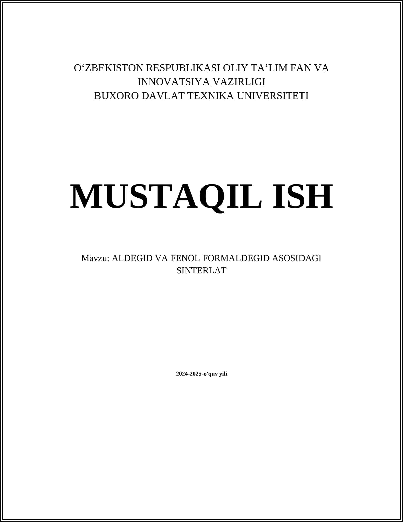 ALDEGID VA FENOL FORMALDEGID ASOSIDAGI SINTERLAT