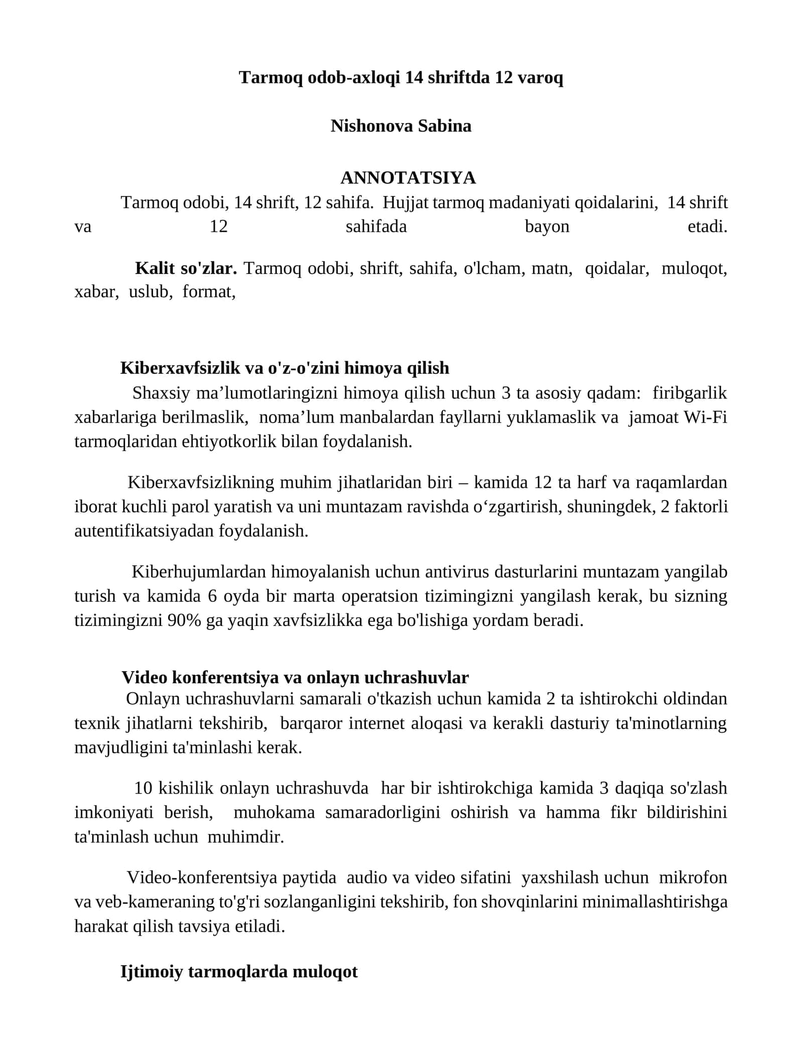 Tarmoq odob-axloqi 14 shriftda 12 varoq
