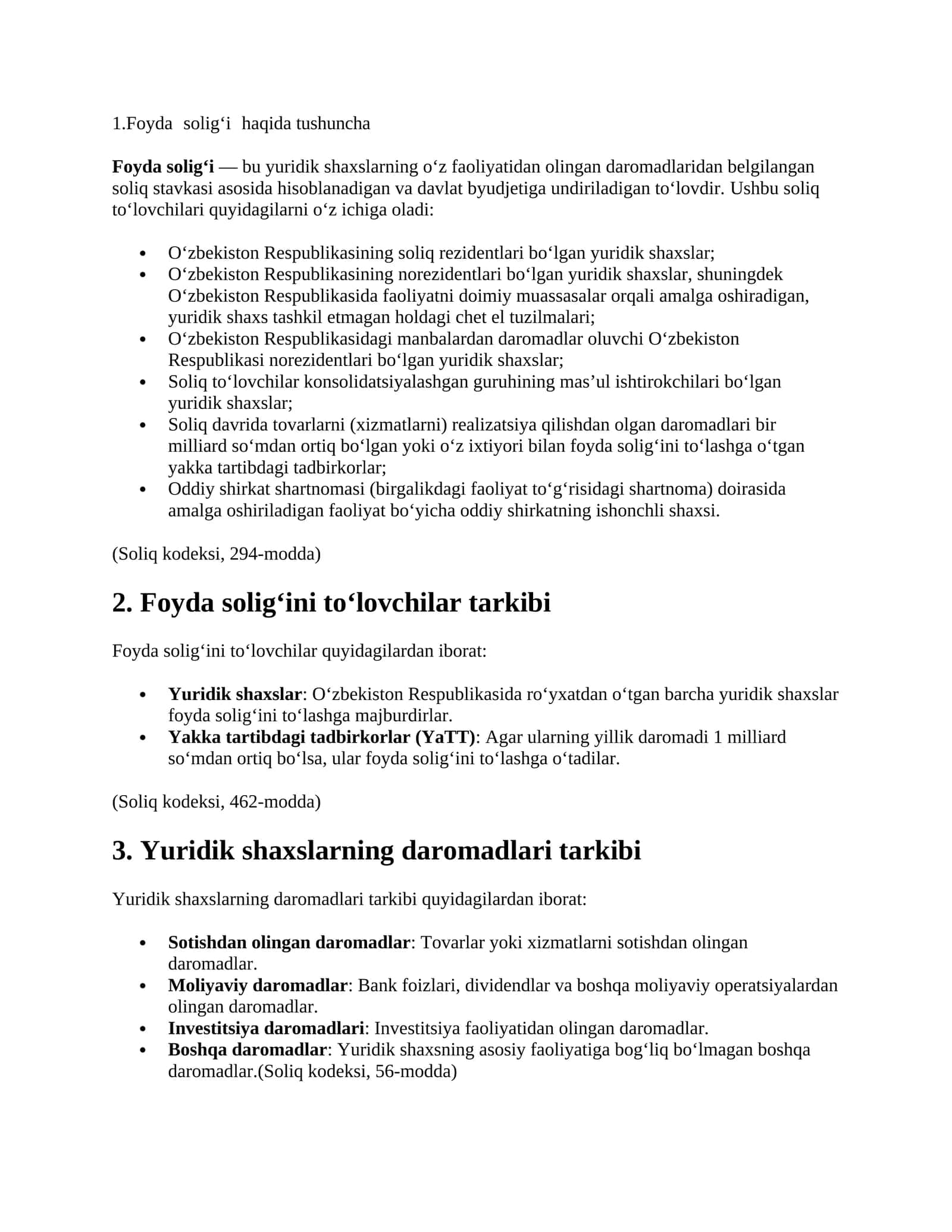 Foyda solig‘i haqida tushuncha