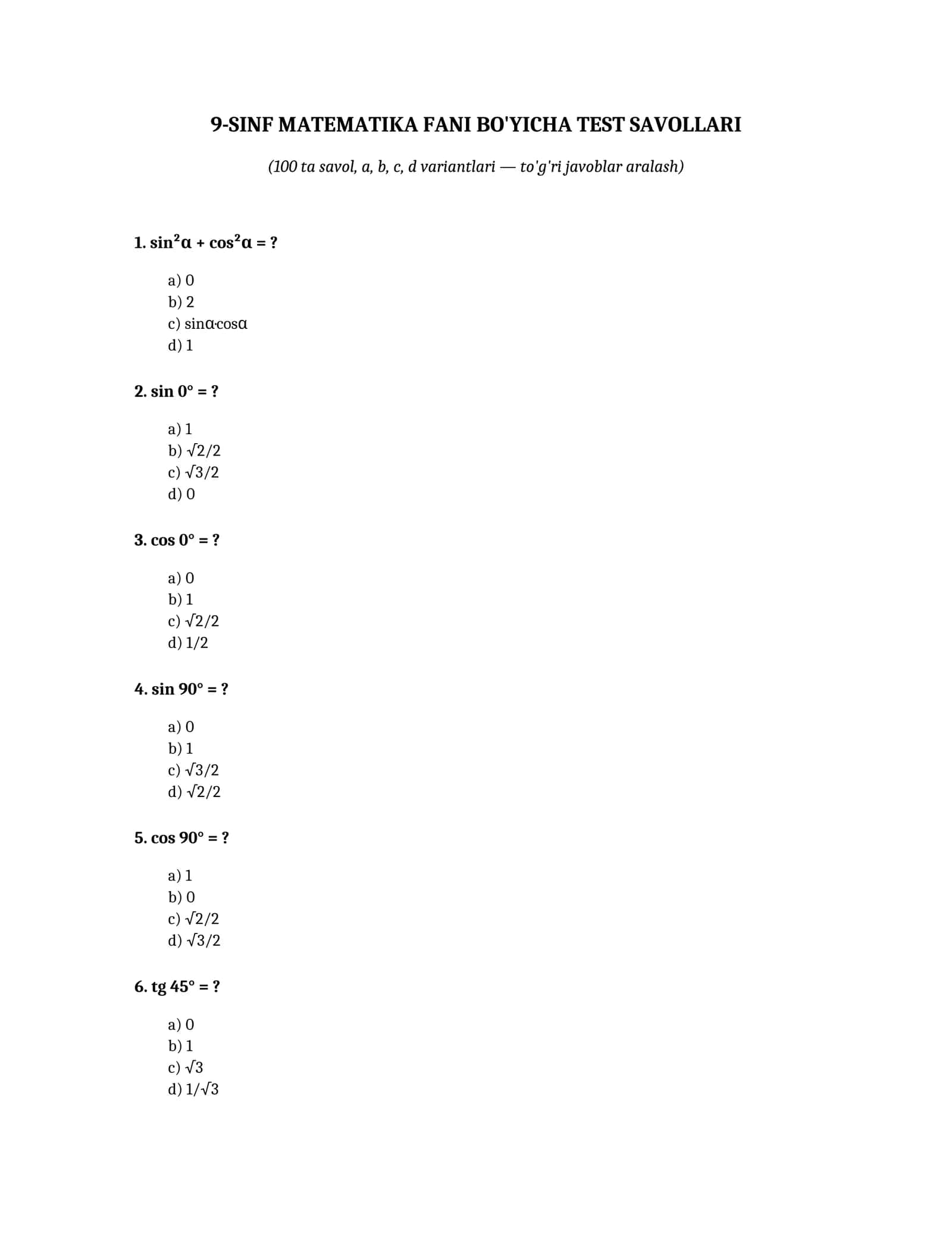9-SINF MATEMATIKA FANI BO'YICHA TEST SAVOLLARI