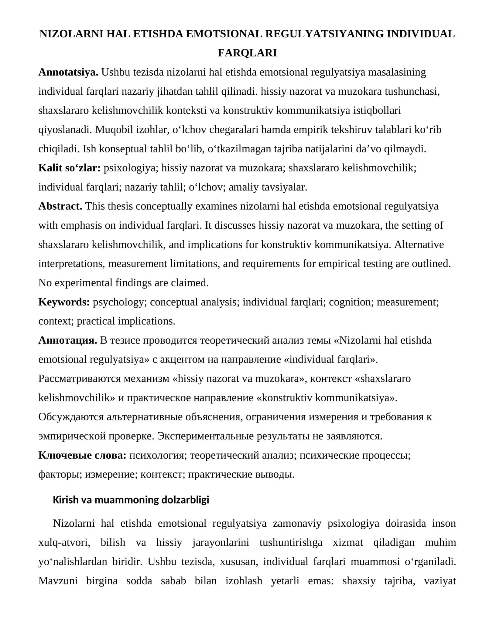 NIZOLARNI HAL ETISHDA EMOTSIONAL REGULYATSIYANING INDIVIDUAL FARQLARI