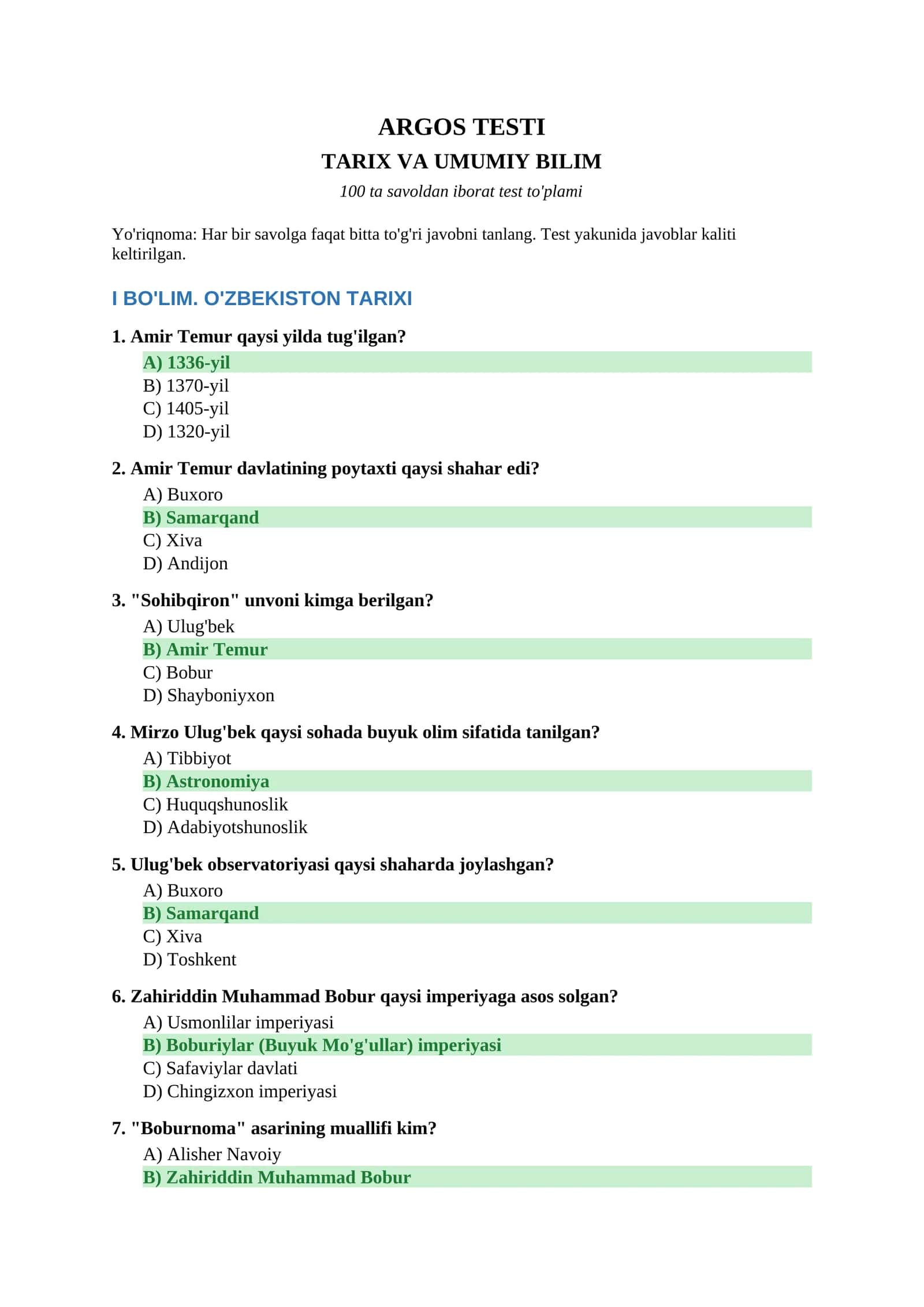 ARGOS test to'plami — Tarix va Umumiy bilim (100 savol, javoblar bilan)