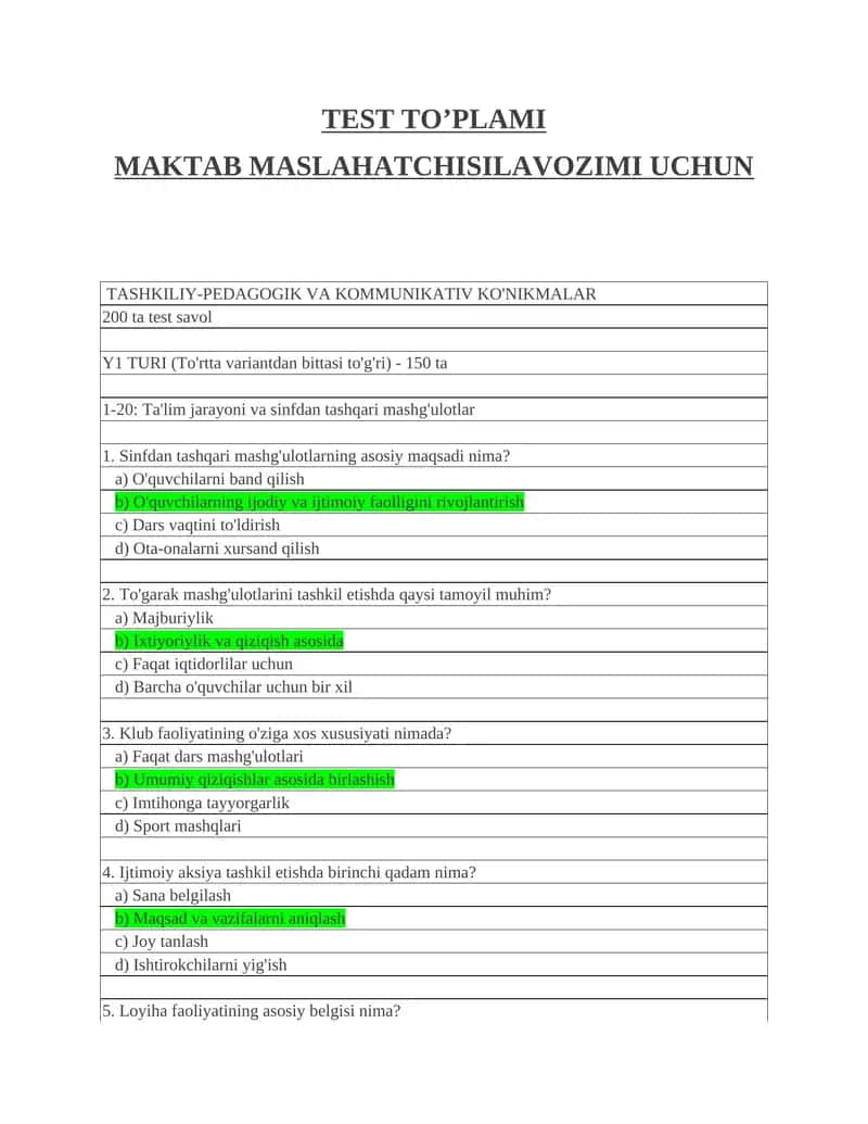 Maktab maslaxatchisi 1000 talik test