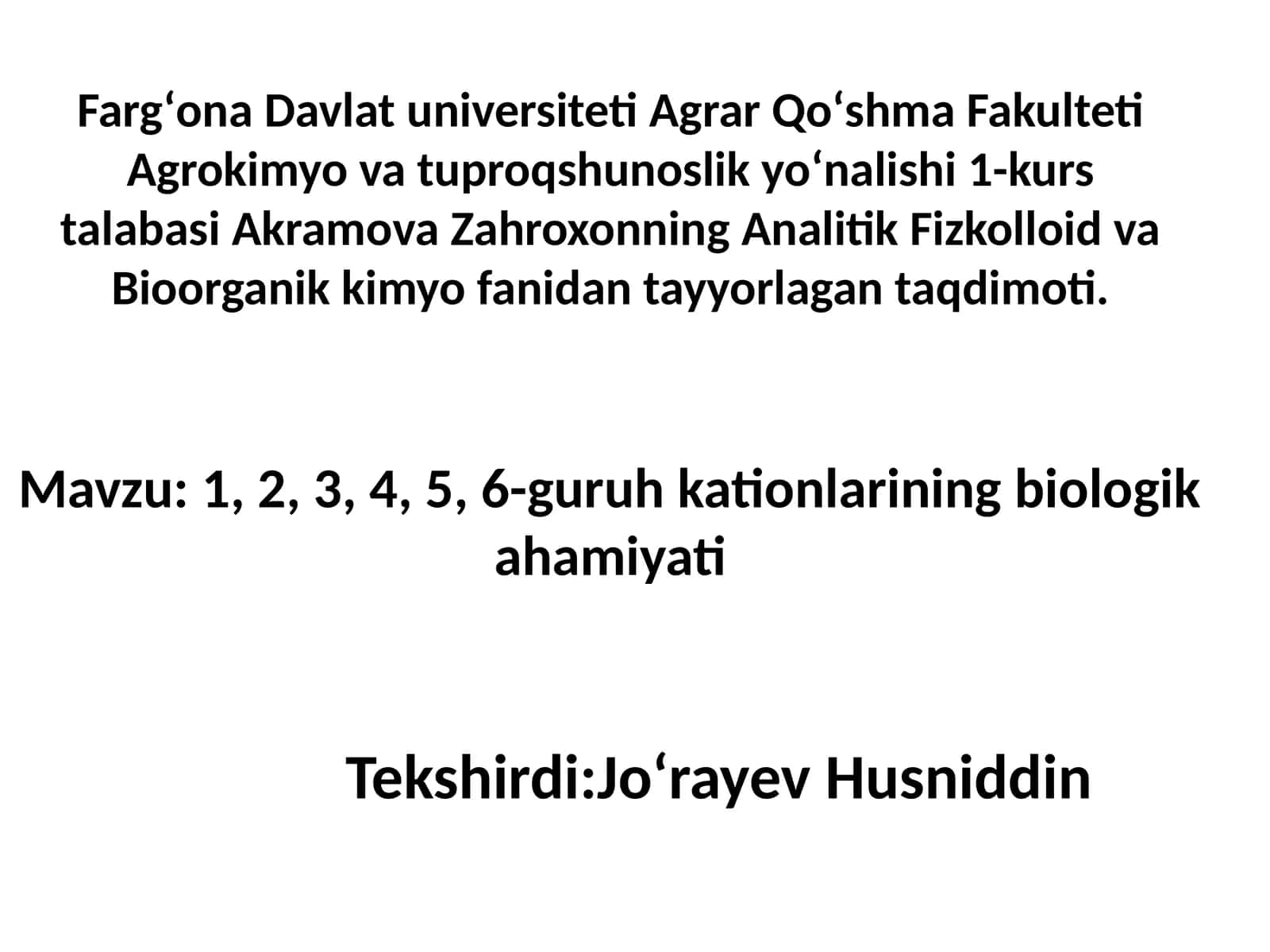 Analitik Fizkolloid va Bioorganik kimyo fanidan taqdimot
