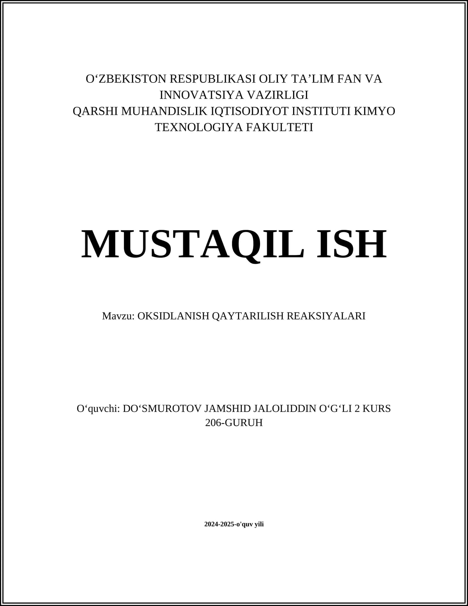 OKSIDLANISH QAYTARILISH REAKSIYALARI
