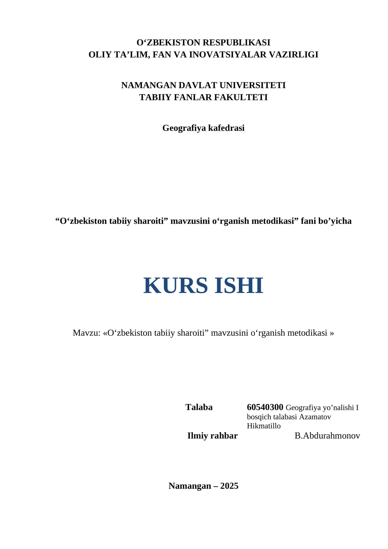 "O‘zbekiston tabiiy sharoiti" mavzusini o‘rganish metodikasi
