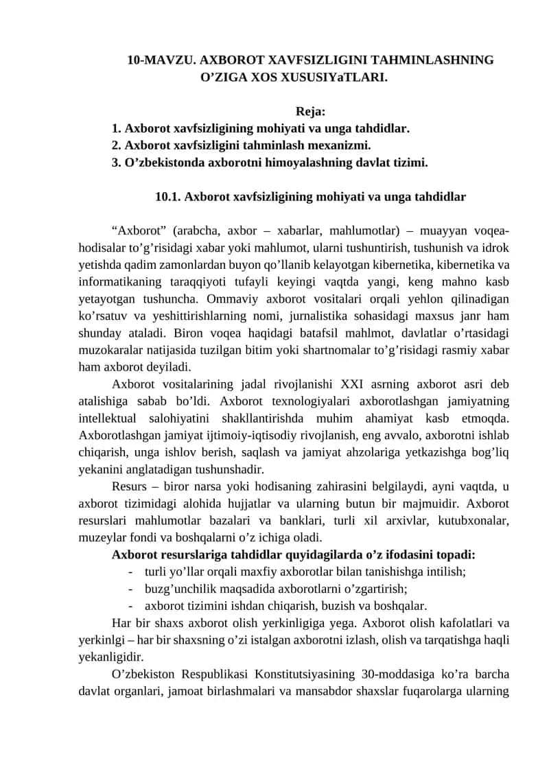 AXBOROT XAVFSIZLIGINI TAHMINLASHNING O’ZIGA XOS XUSUSIYaTLARI