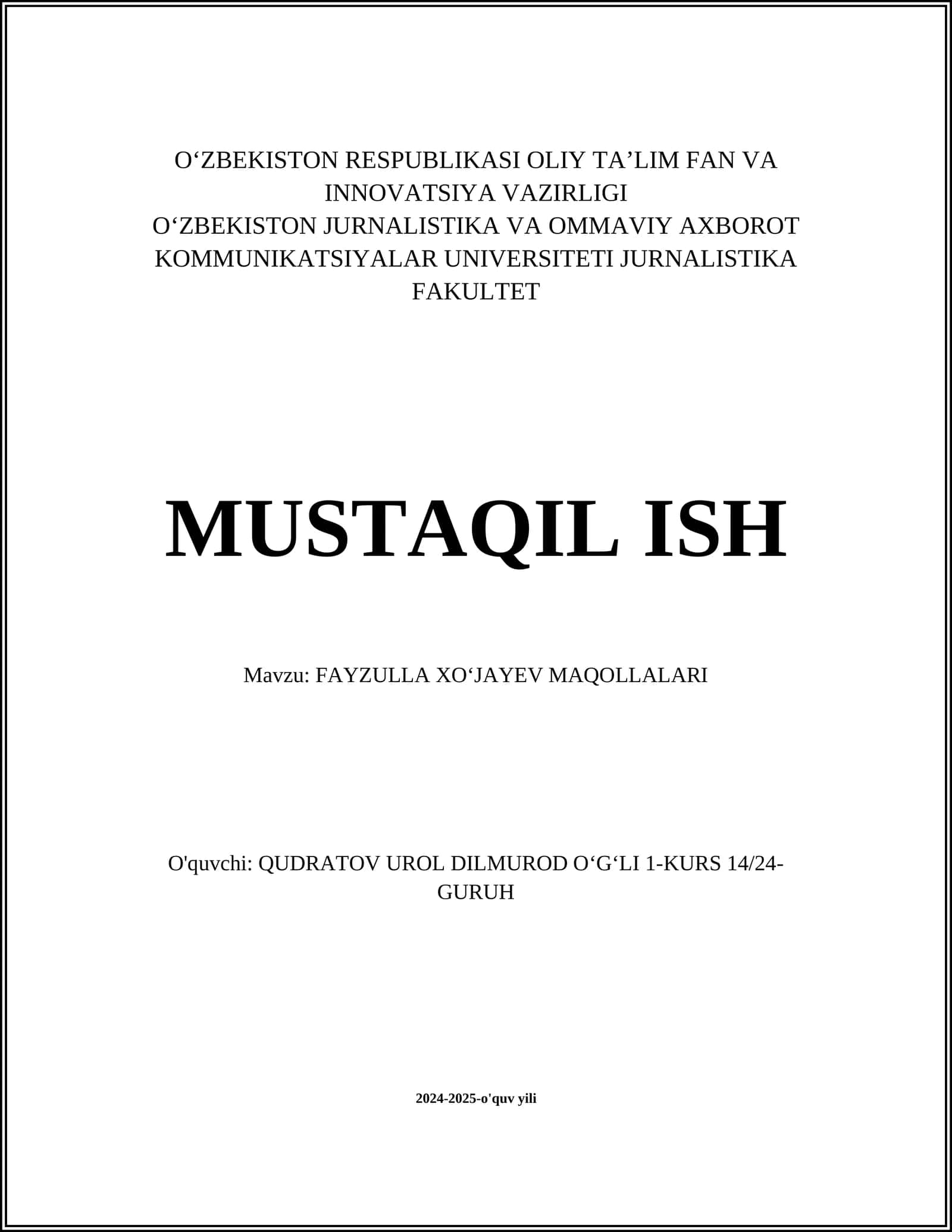 FAYZULLA XOʻJAYEV MAQOLLALARI
