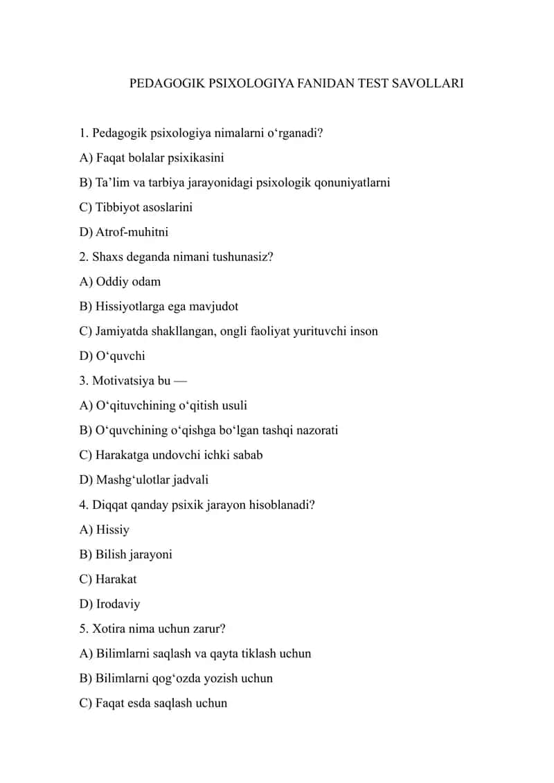 PEDAGOGIK PSIXOLOGIYA FANIDAN TEST SAVOLLARI