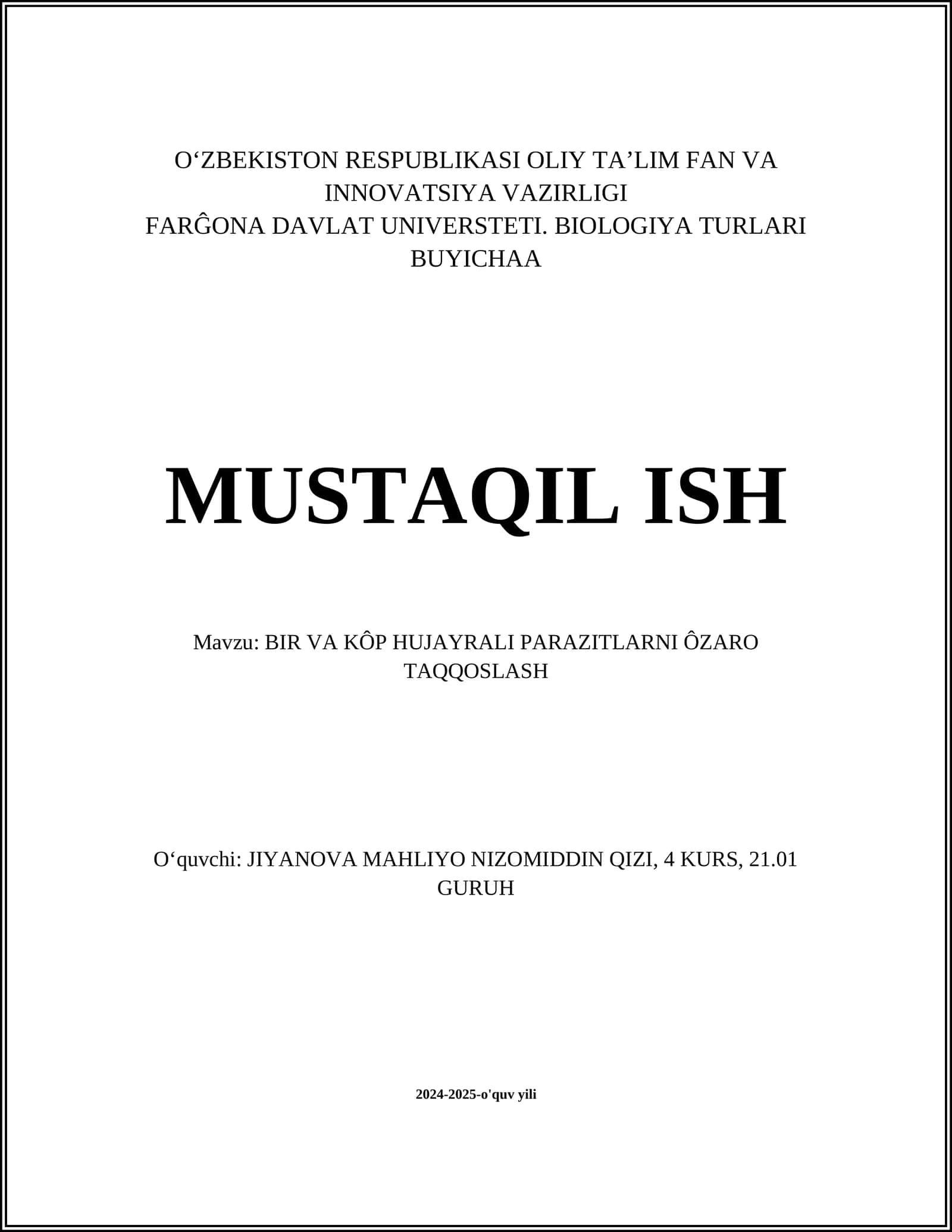 BIOLOGIYA TURLARI BUYICHAA MUSTAQIL ISH