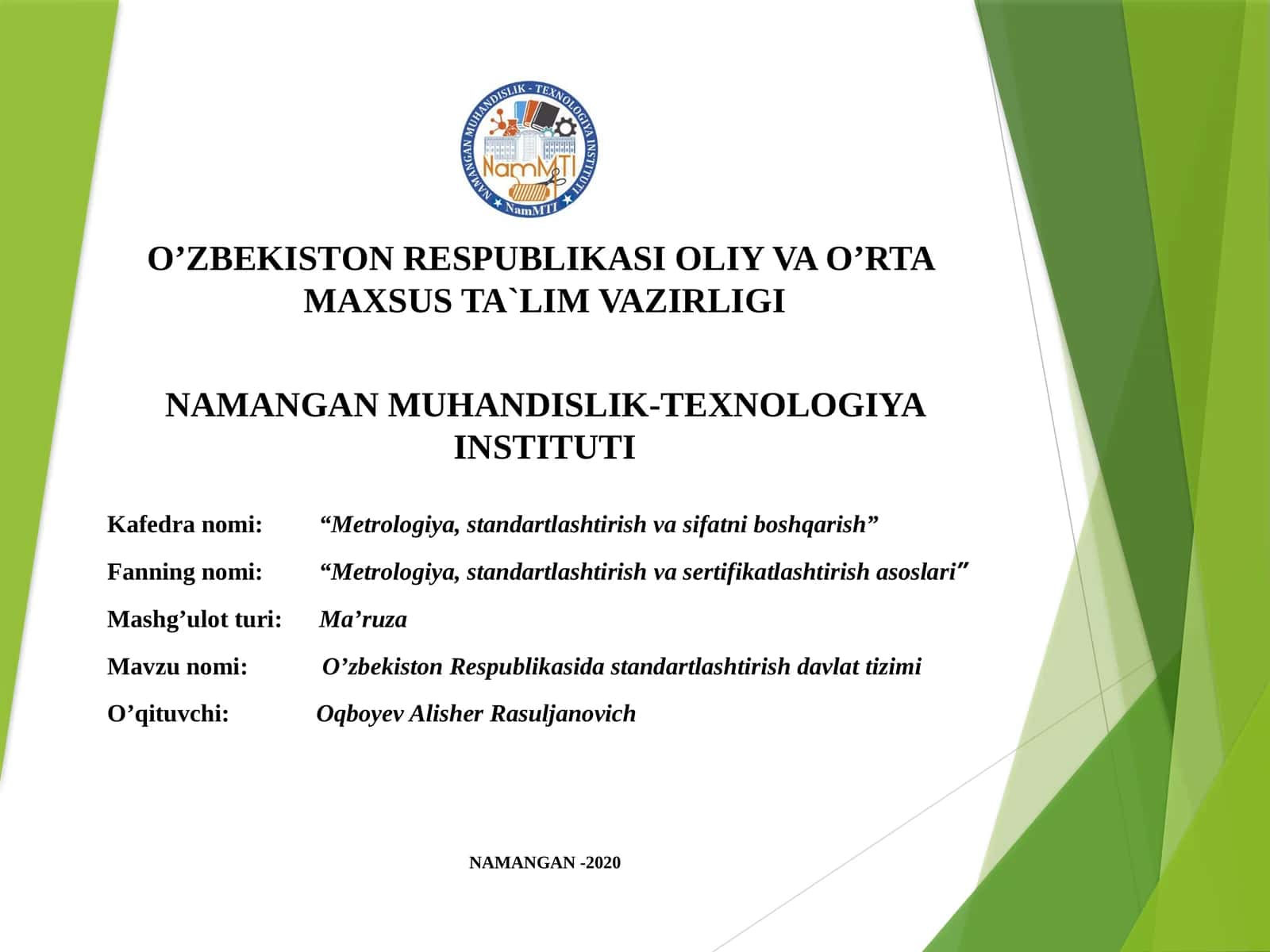 O’ZBEKISTОN RESPUBLIKASIDA STANDARTLASHTIRISH DAVLAT TIZIMI