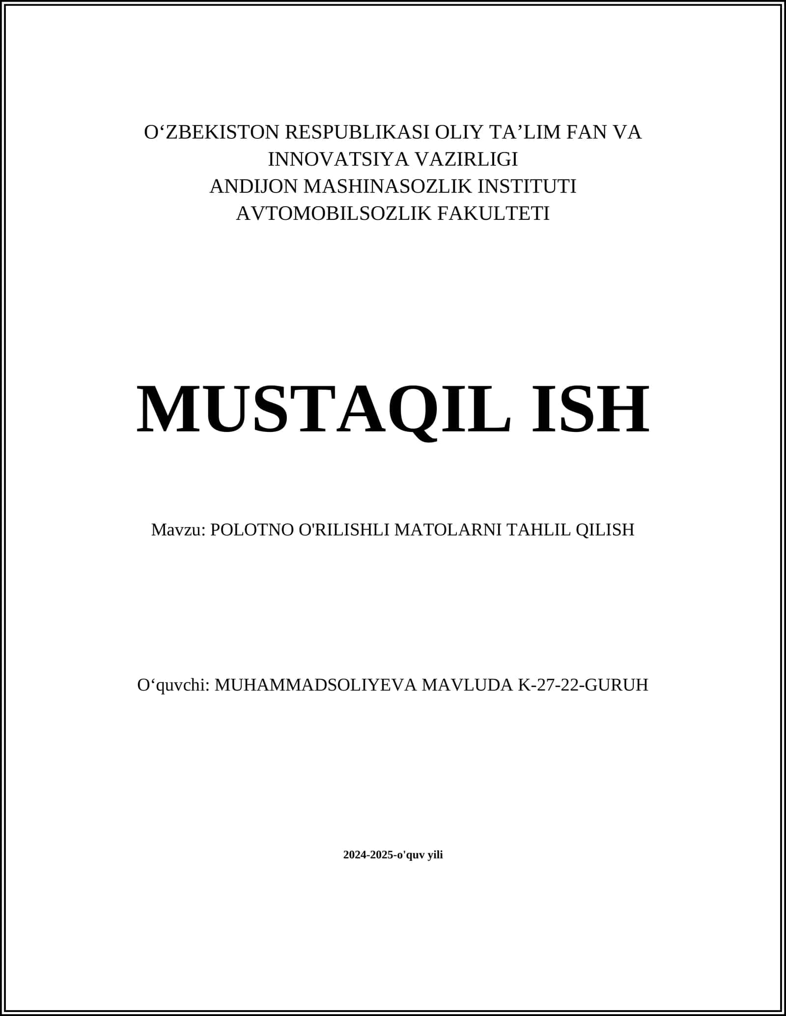POLOTNO O'RILISHLI MATOLARNI TAHLIL QILISH