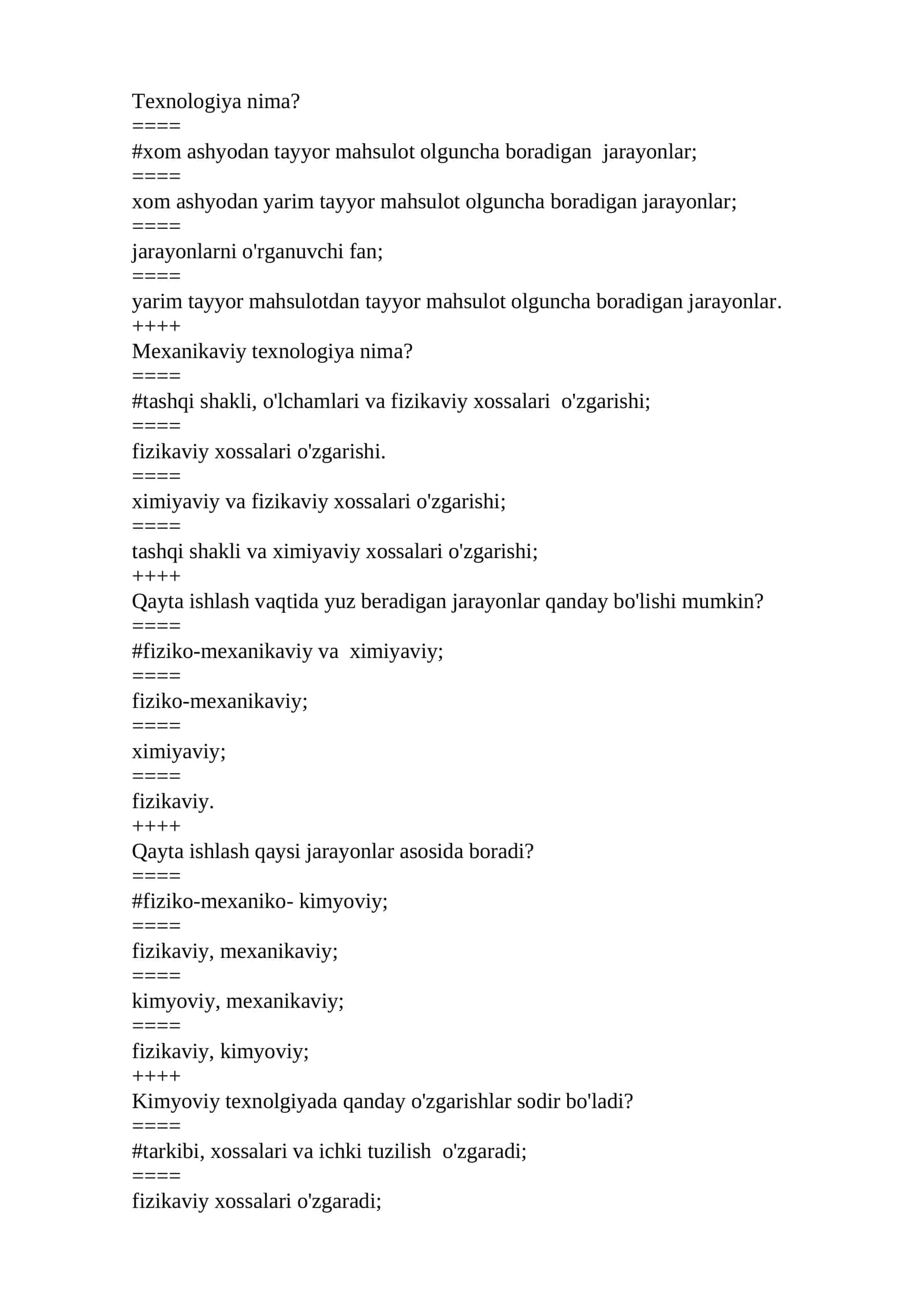 Texnologiya fanidan testlar