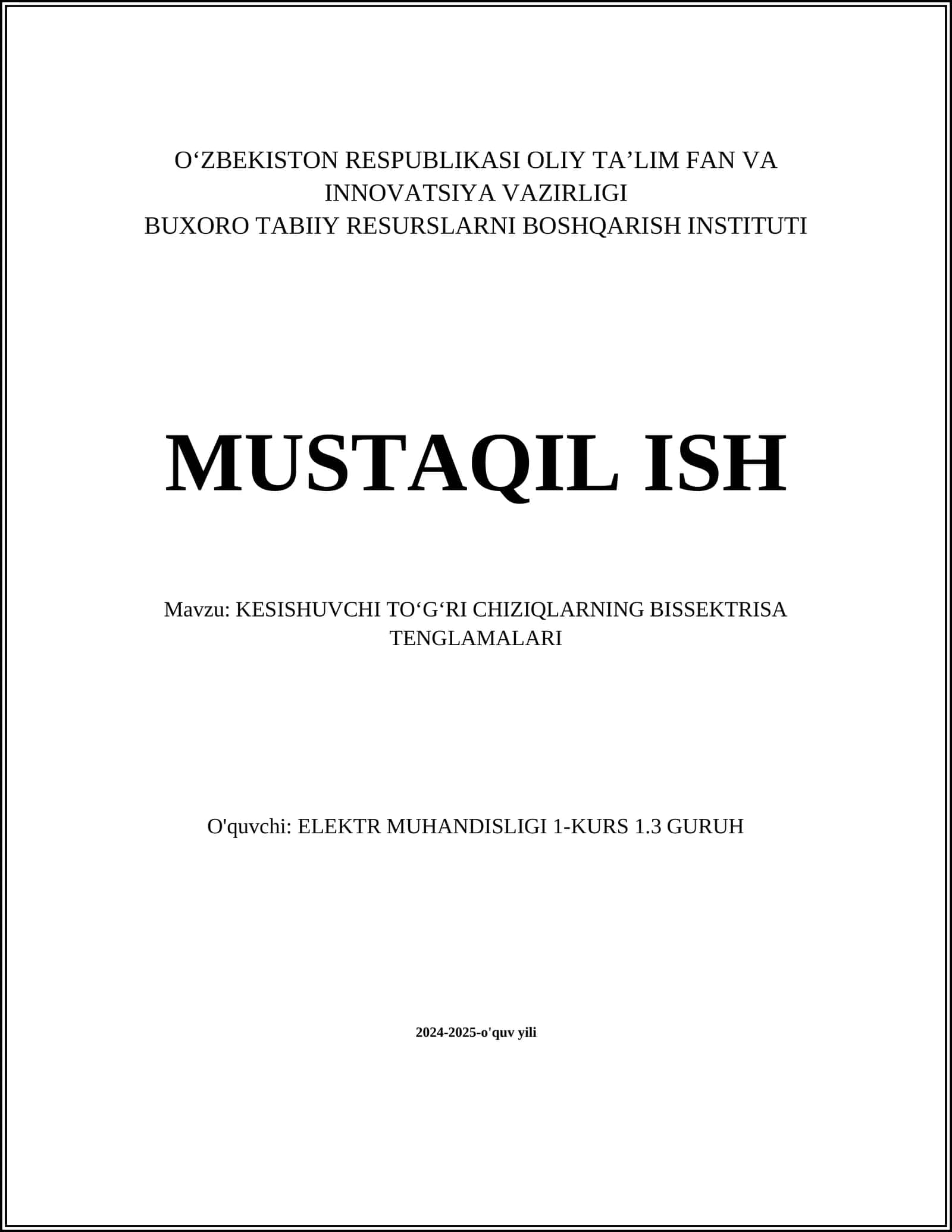 KESISHUVCHI TOʻGʻRI CHIZIQLARNING BISSEKTRISA TENGLAMALARI