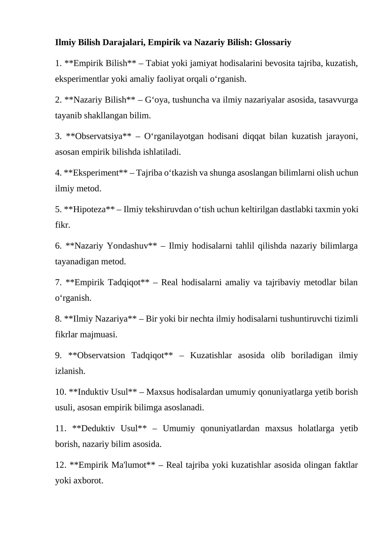 Ilmiy Bilish Darajalari, Empirik va Nazariy Bilish: Glossariy