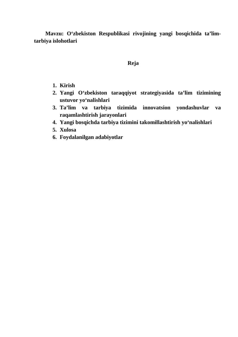 O‘zbekiston Respublikasi rivojining yangi bosqichida ta’lim-tarbiya islohotlari