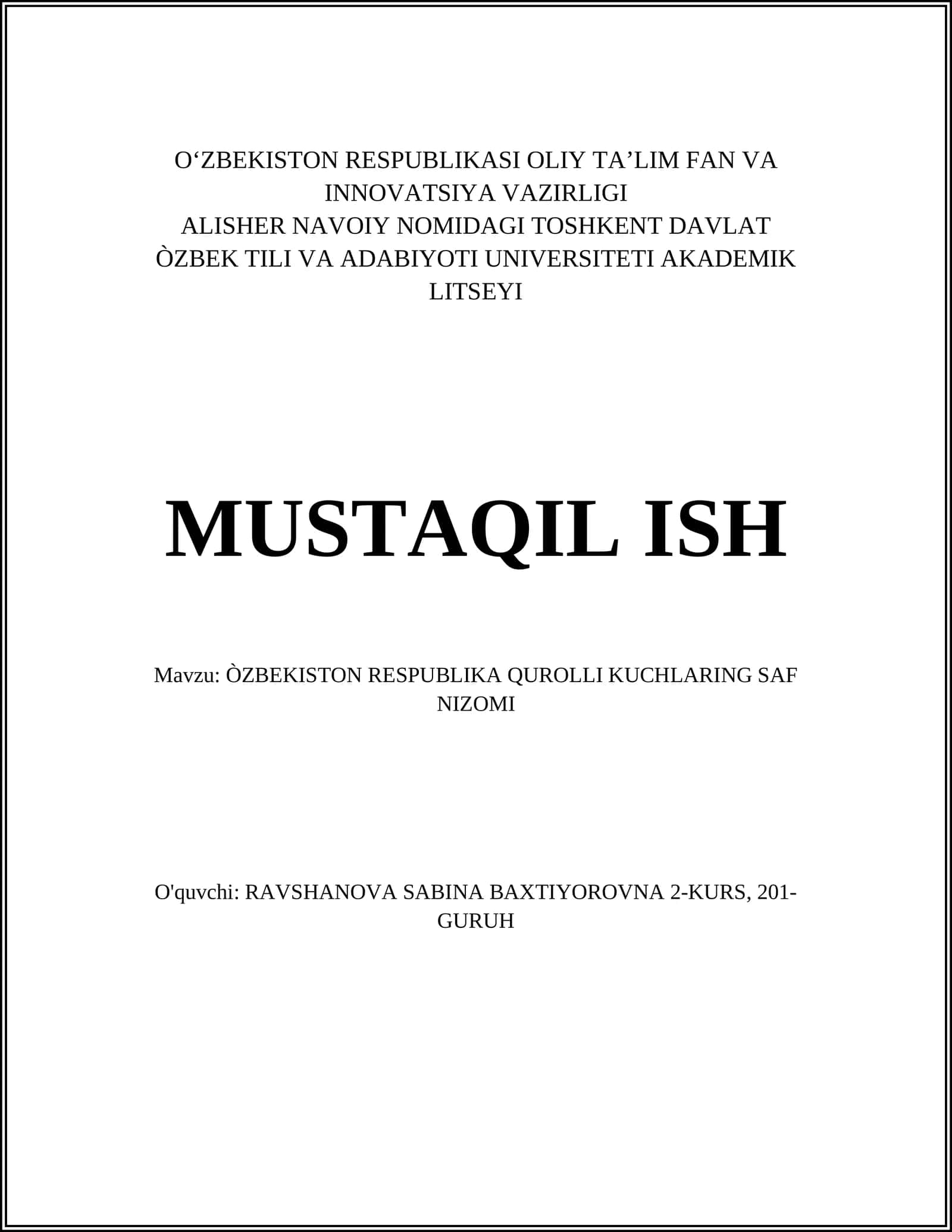 ÒZBEKISTON RESPUBLIKA QUROLLI KUCHLARING SAF NIZOMI