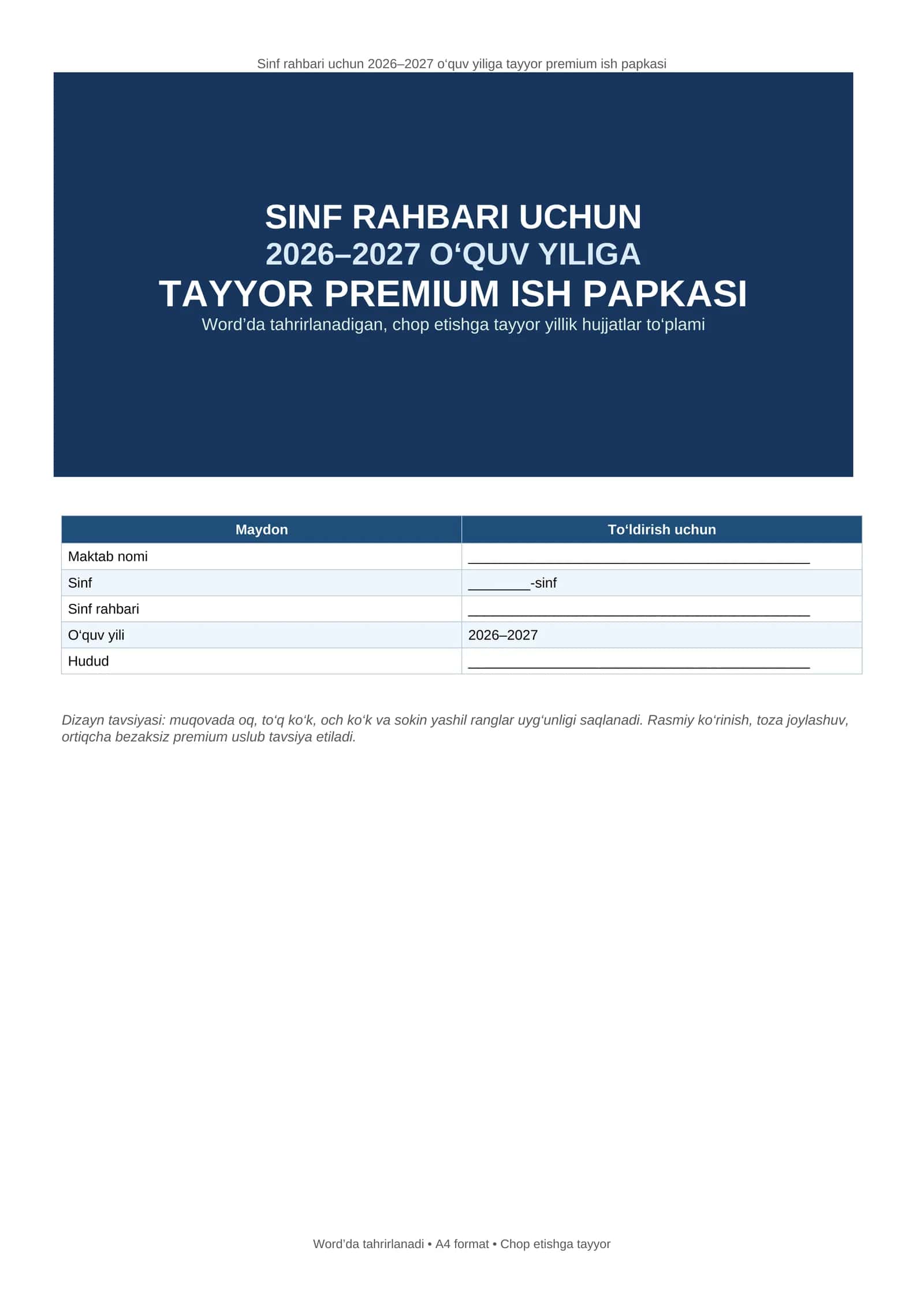 Sinf rahbari uchun 2026–2027 o‘quv yiliga tayyor premium ish papkasi