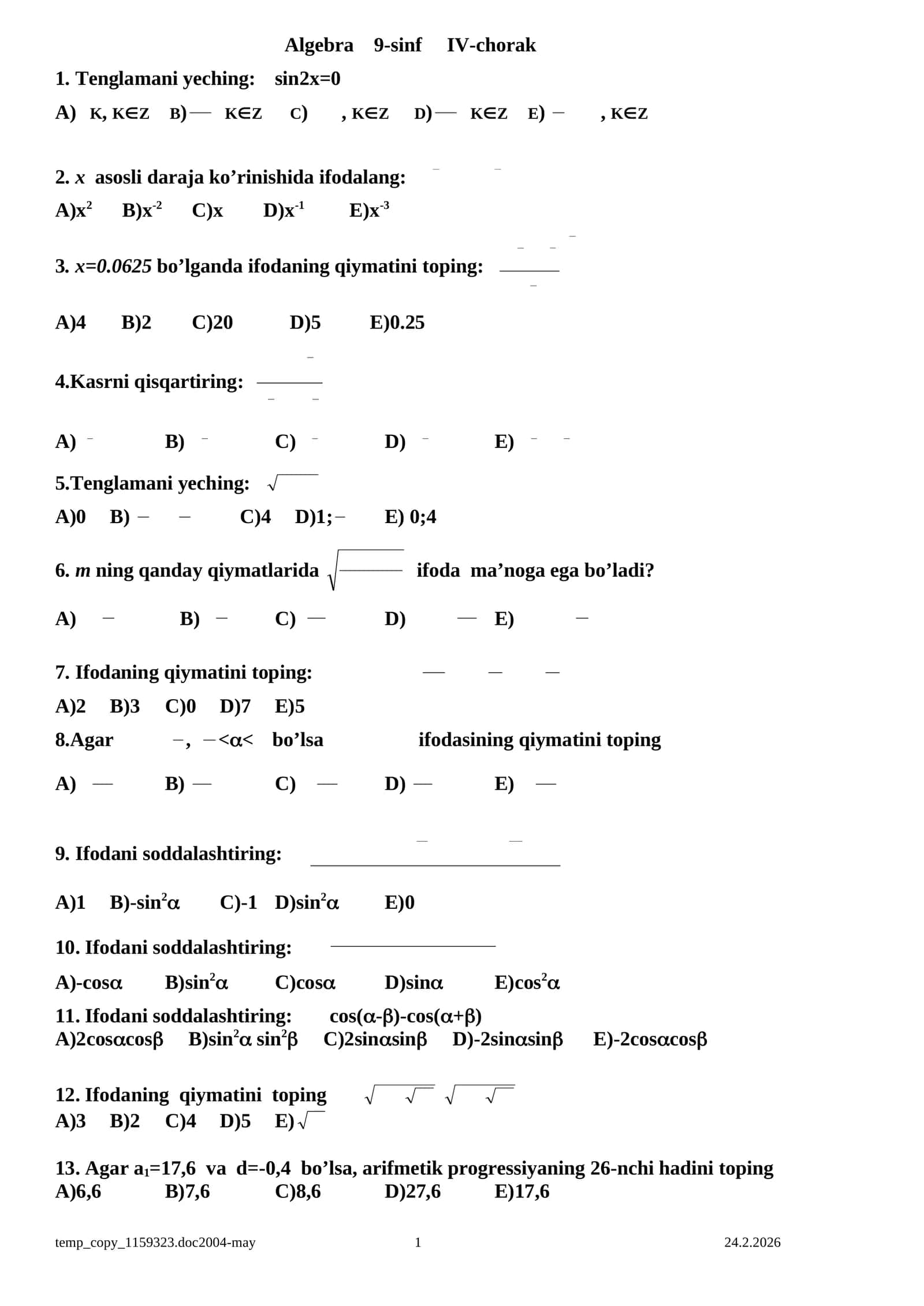 Algebra 9-sinf IV-chorak