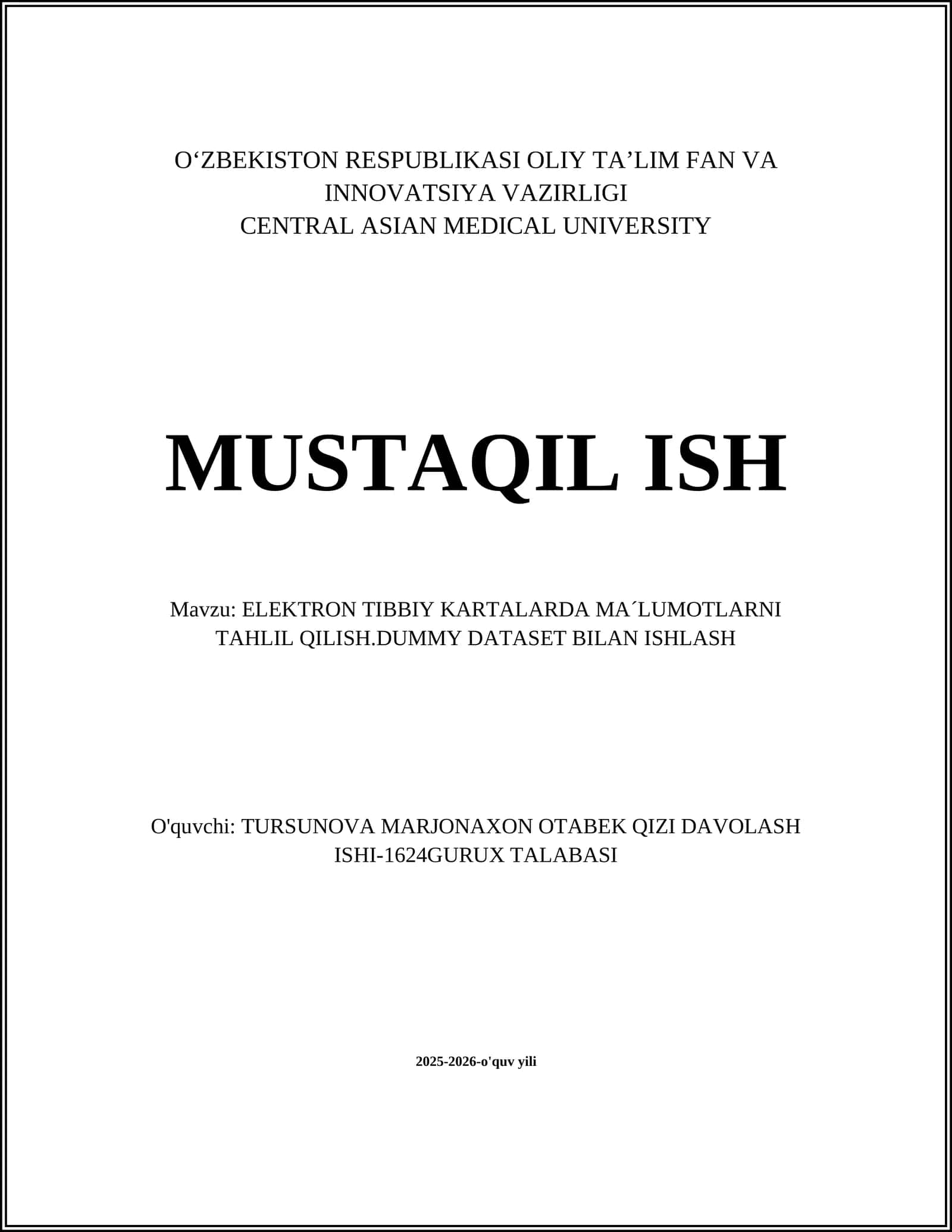 ELEKTRON TIBBIY KARTALARDA MA´LUMOTLARNI TAHLIL QILISH.DUMMY DATASET BILAN ISHLASH