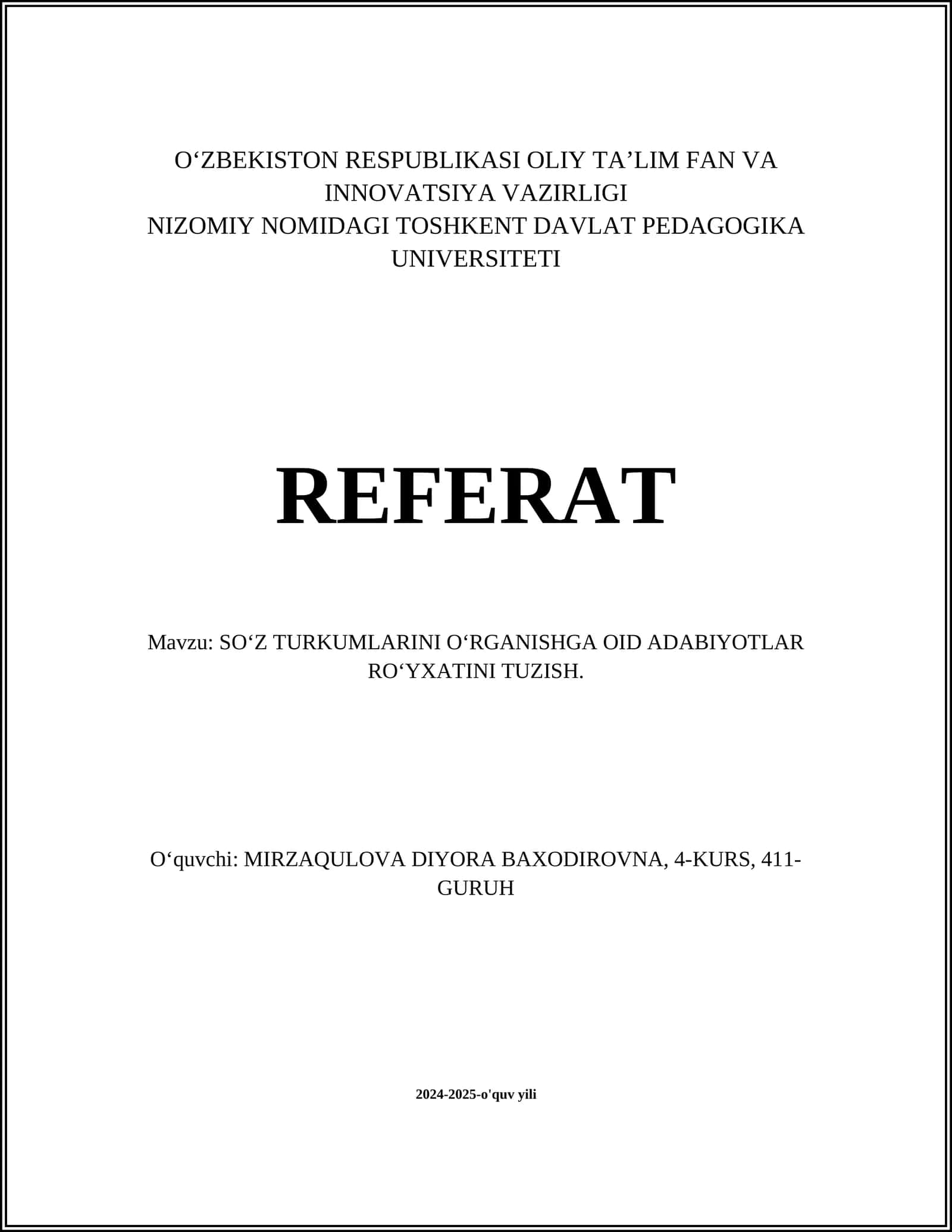 SOʻZ TURKUMLARINI OʻRGANISHGA OID ADABIYOTLAR ROʻYXATINI TUZISH