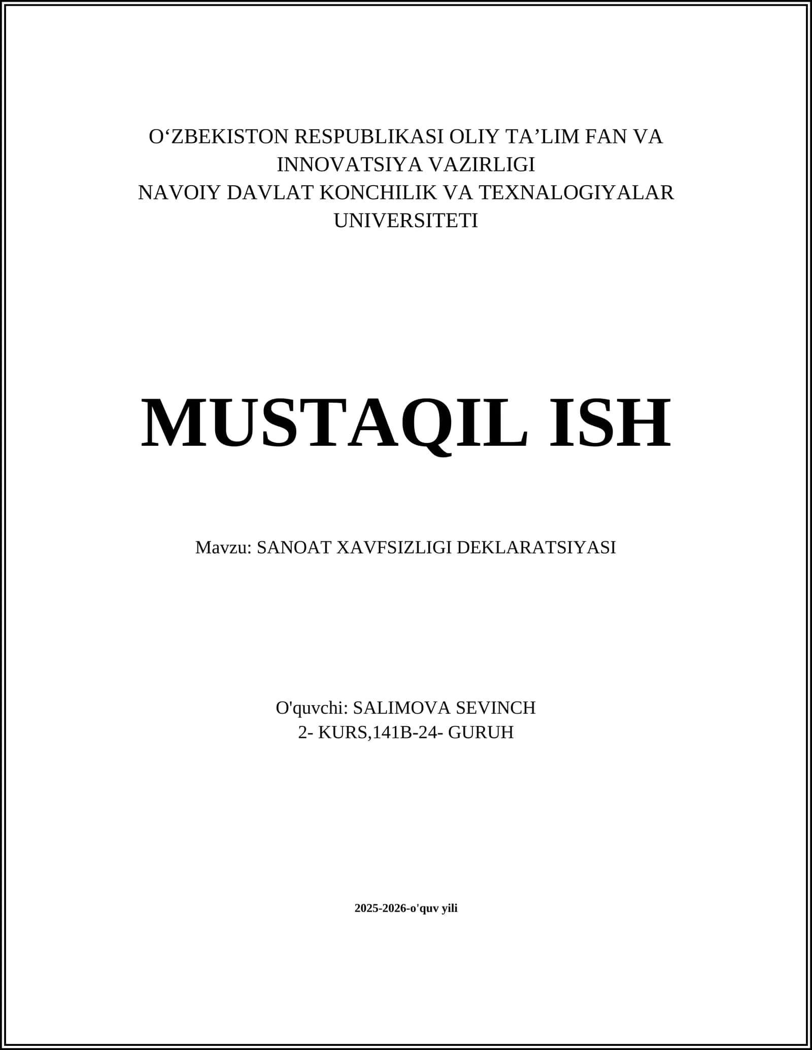 SANOAT XAVFSIZLIGI DEKLARATSIYASI
