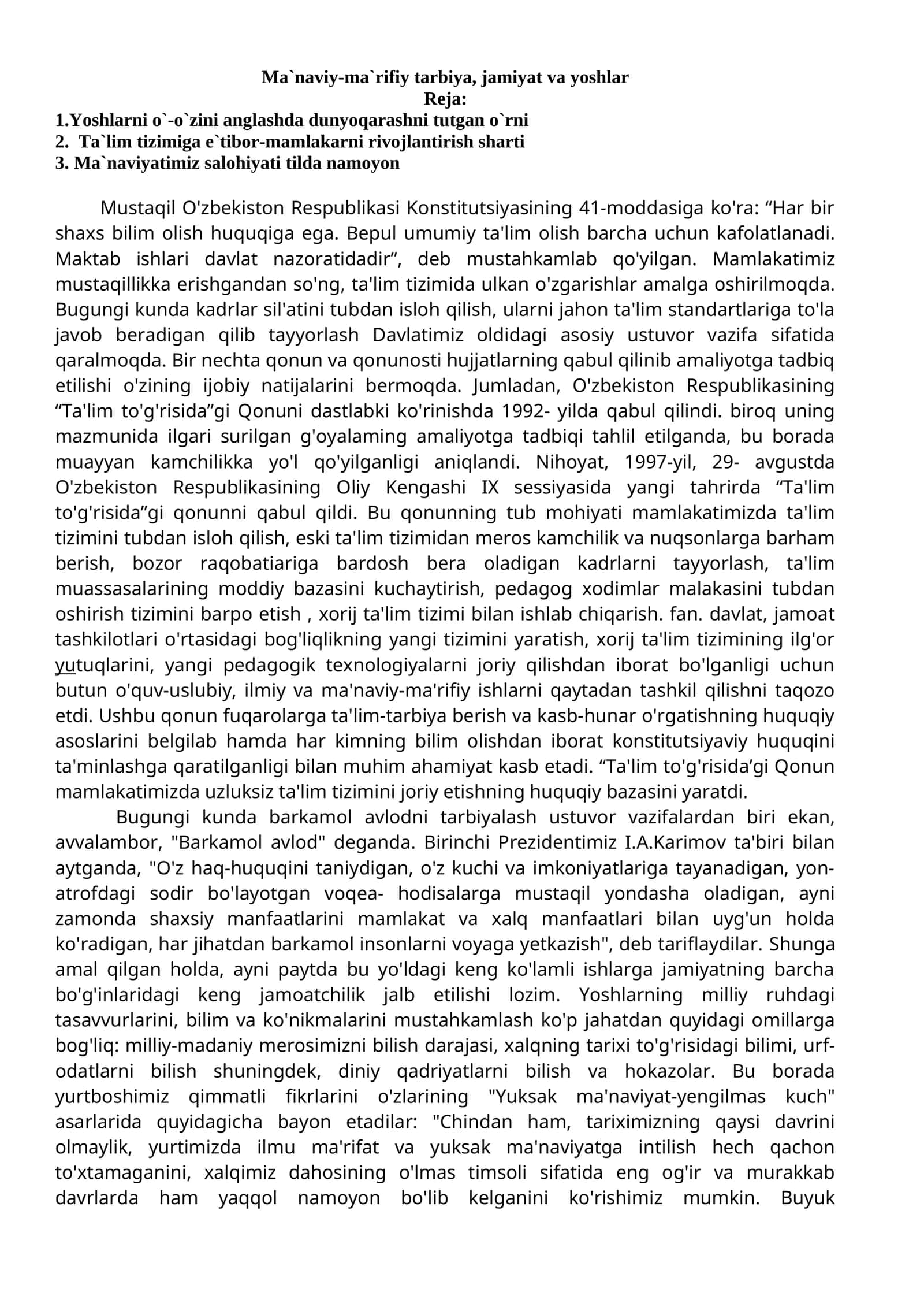 Ma`naviy-ma`rifiy tarbiya, jamiyat va yoshlar