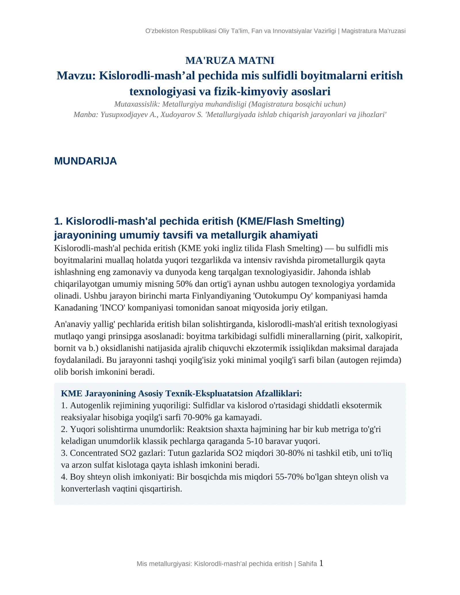 Kislorodli-mash'al pechida mis sulfidli boyitmalarni eritish texnologiyasi