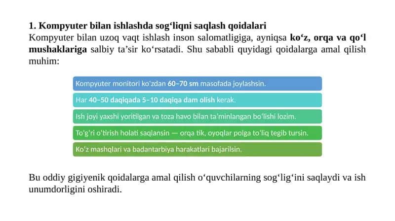 Kompyuter bilan ishlashda sog‘liqni saqlash qoidalari