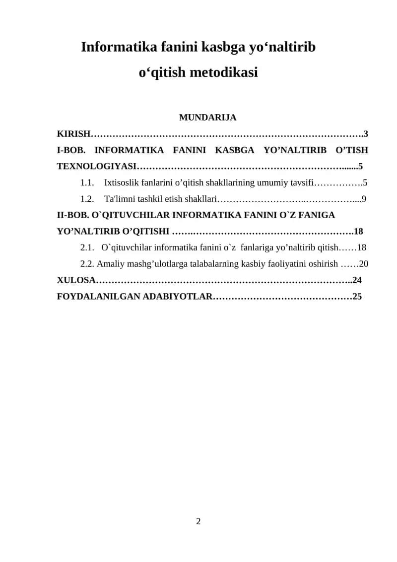 Informatika fanini kasbga yo'naltirib o'qitish metodikasi
