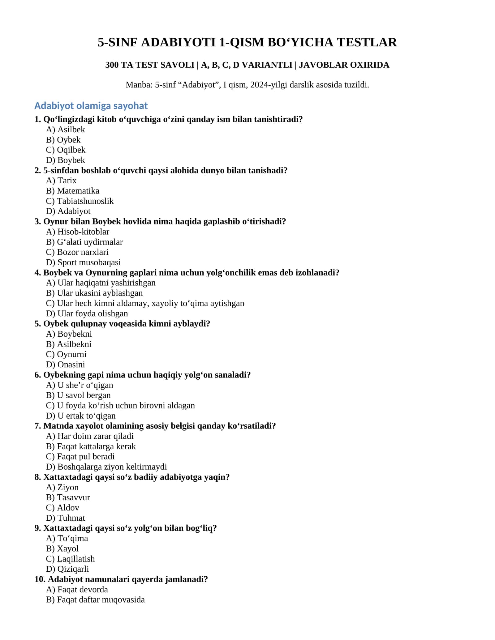 5-SINF ADABIYOTI 1-QISM BOʻYICHA TESTLAR