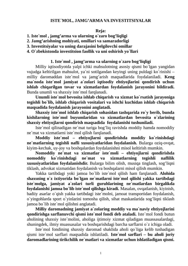 ISTE`MOL, JAMG’ARMA VA INVESTITSIYALAR