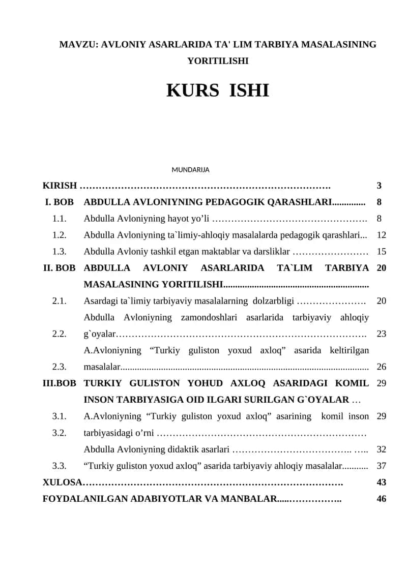 AVLONIY ASARLARIDA TA' LIM TARBIYA MASALASINING YORITILISHI