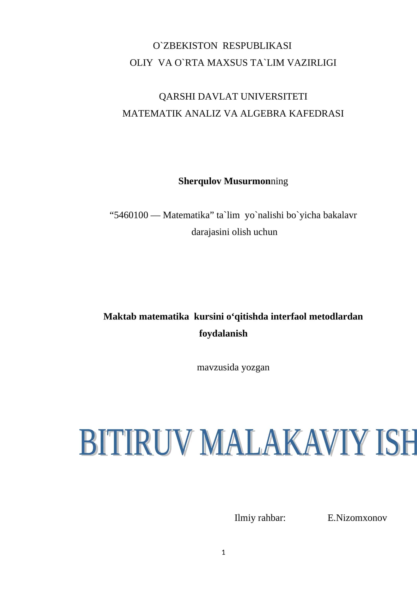 Maktab matematika kursini o‘qitishda interfaol metodlardan foydalanish
