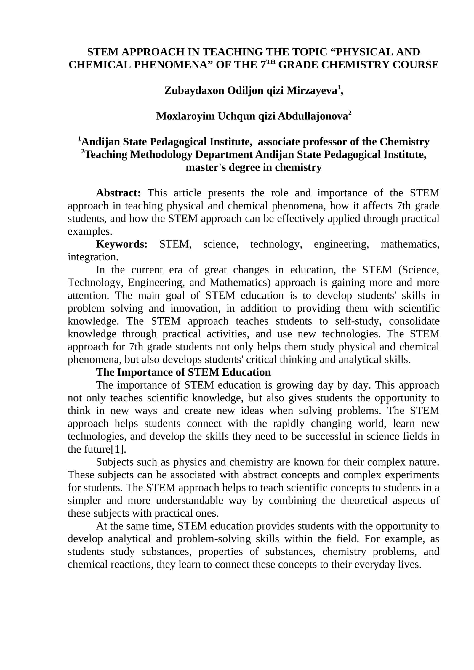 STEM APPROACH IN TEACHING THE TOPIC “PHYSICAL AND CHEMICAL PHENOMENA” OF THE 7TH GRADE CHEMISTRY COURSE