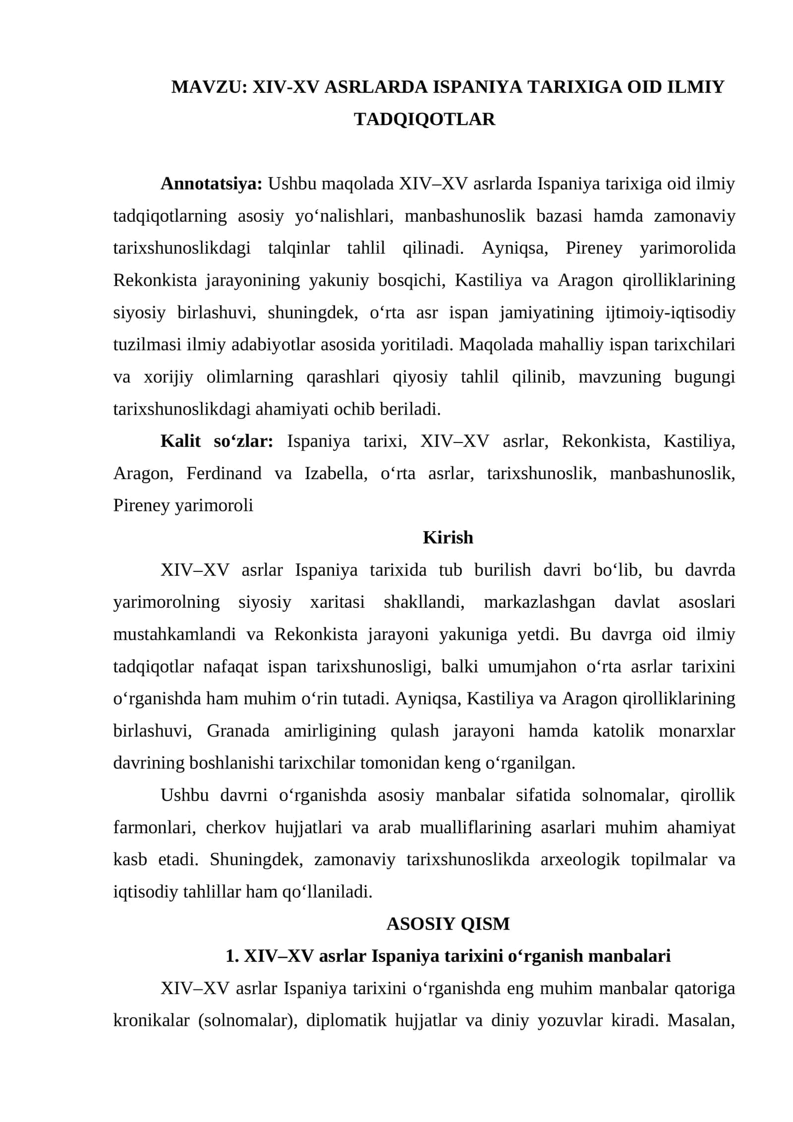 XIV-XV asrlarda Ispaniya tarixiga oid ilmiy tadqiqotlar mavzusida maqola