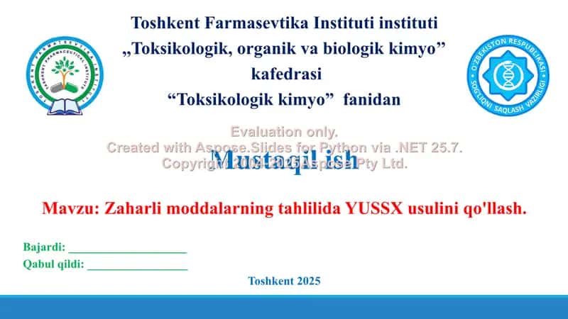 5. Zaharli moddalarning tahlilida YUSSX usulini qo'llash. Klaster 2 ta.