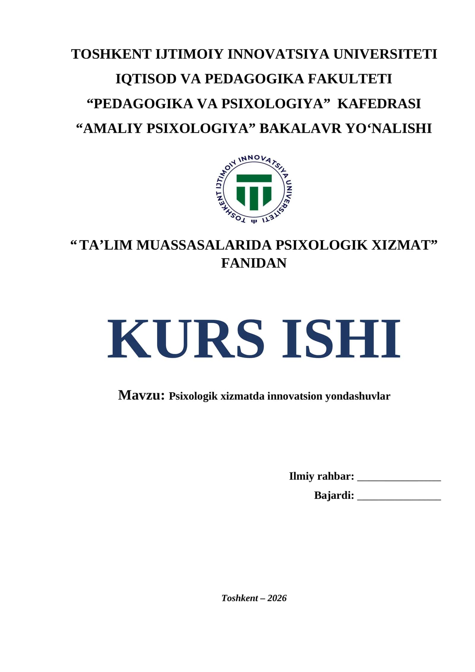 Psixologik xizmatda innovatsion yondashuvlar.