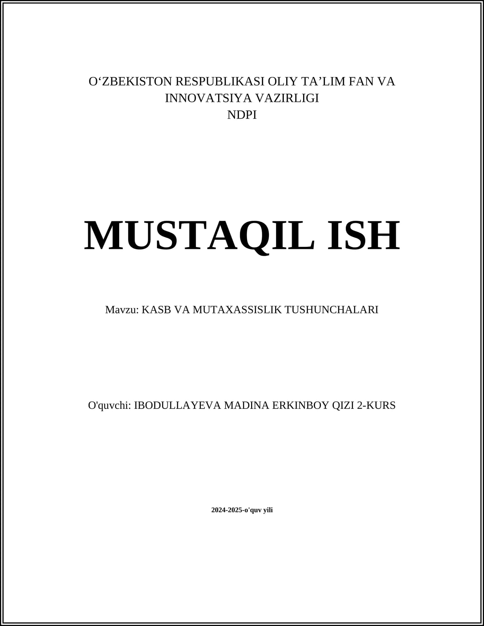 KASB VA MUTAXASSISLIK TUSHUNCHALARI