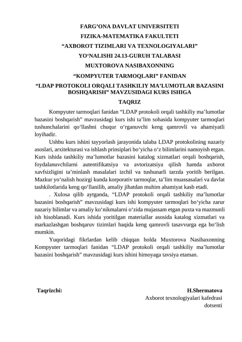 "LDAP PROTOKOLI ORQALI TASHKILIY MAʼLUMOTLAR BAZASINI BOSHQARISH" MAVZUSIDAGI KURS ISHI
