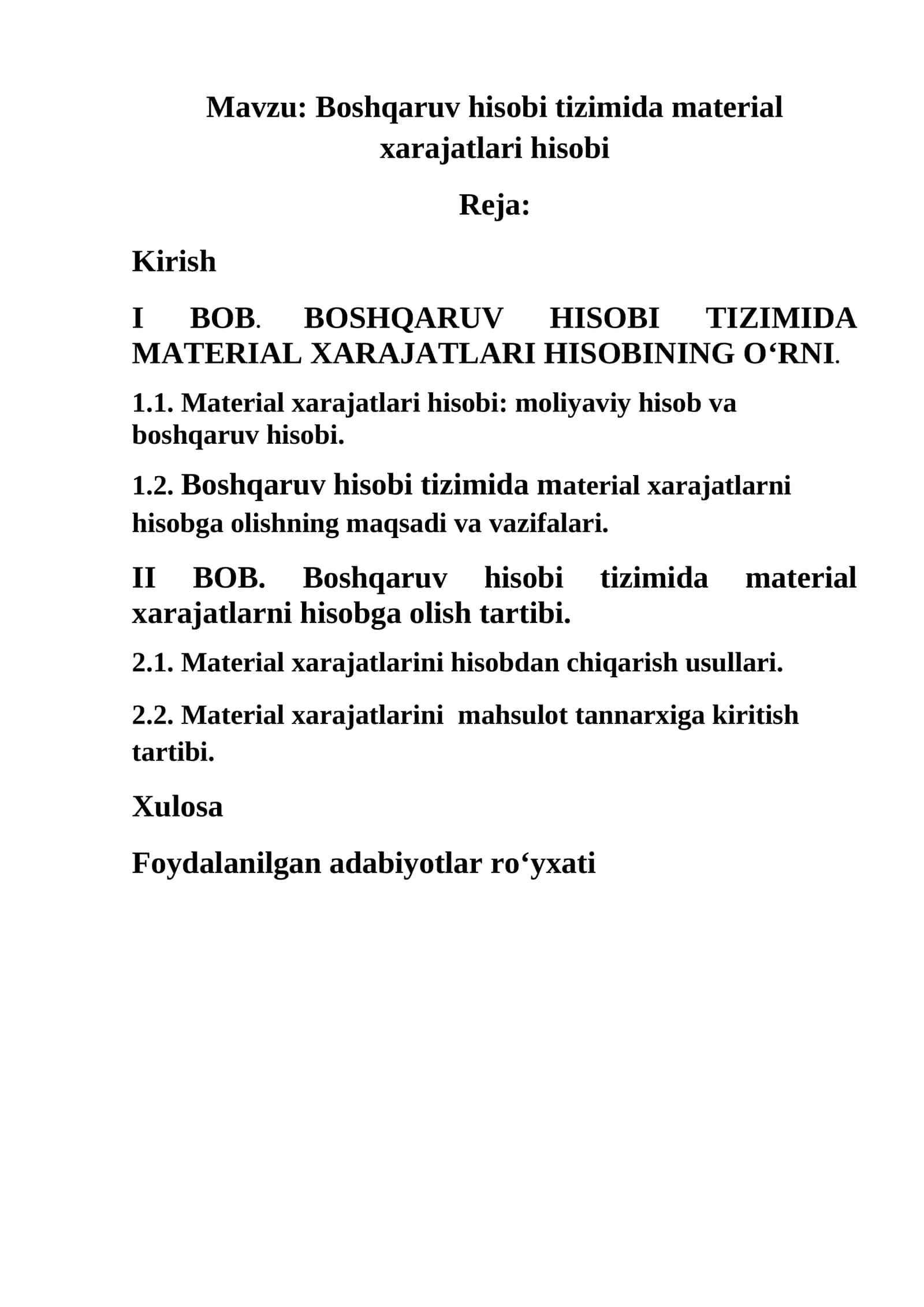 Boshqaruv hisobi tizimida material xarajatlari hisobi