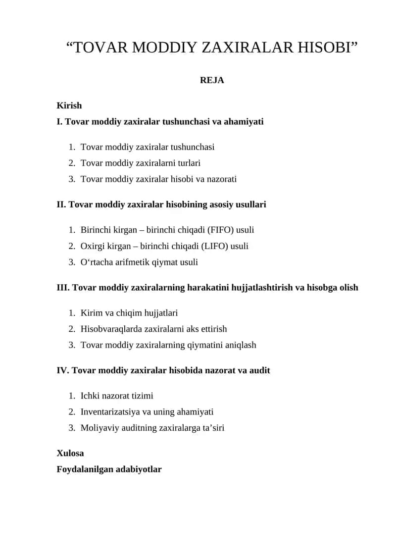 Tovar moddiy zaxiralar hisobi