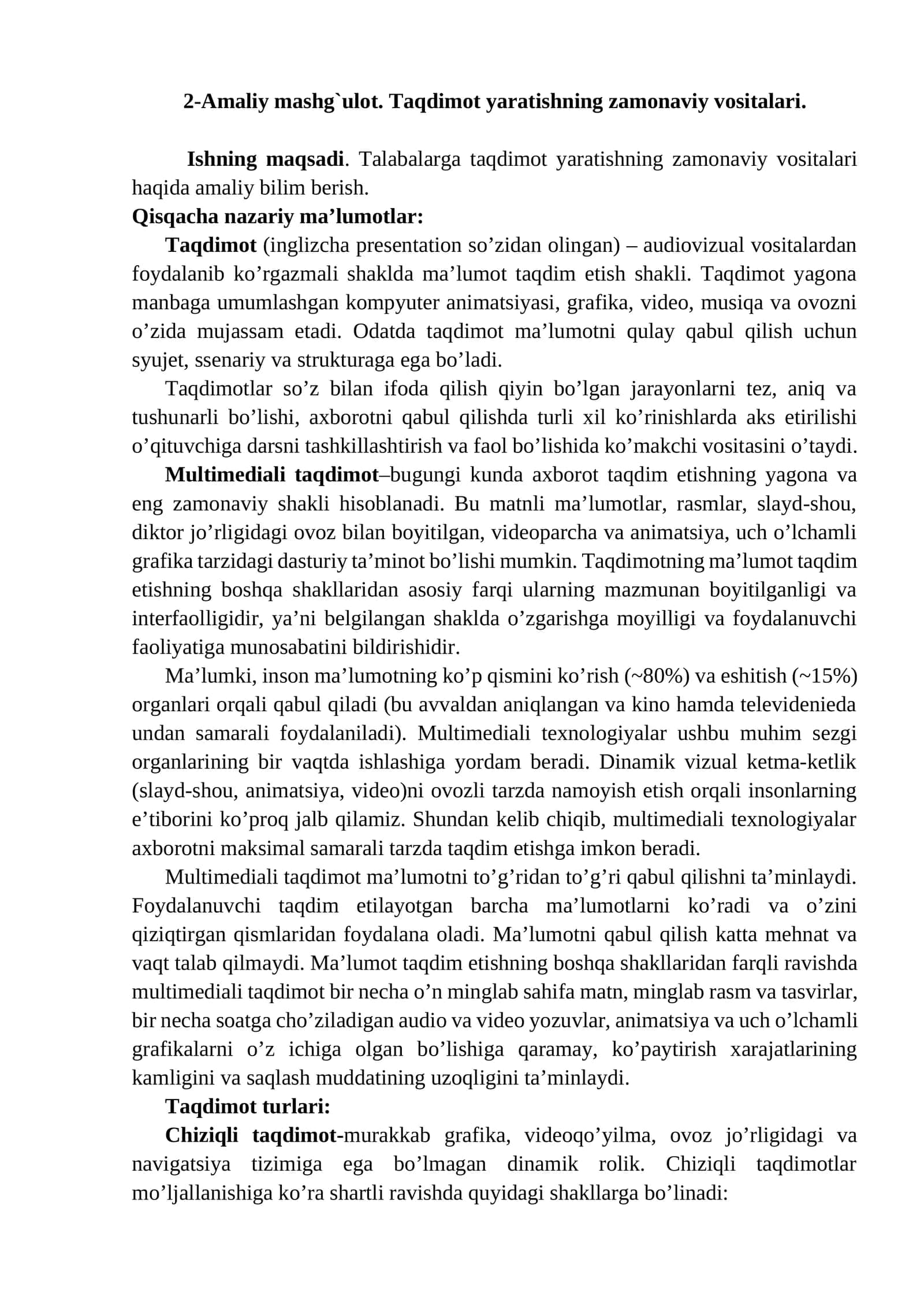 2-Amaliy mashg`ulot. Taqdimot yaratishning zamonaviy vositalari