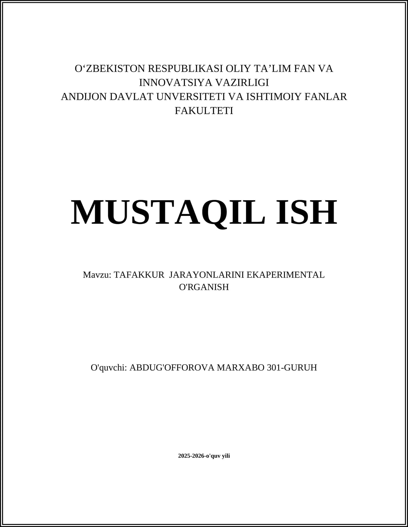 TAFAKKUR JARAYONLARINI EKAPERIMENTAL O'RGANISH