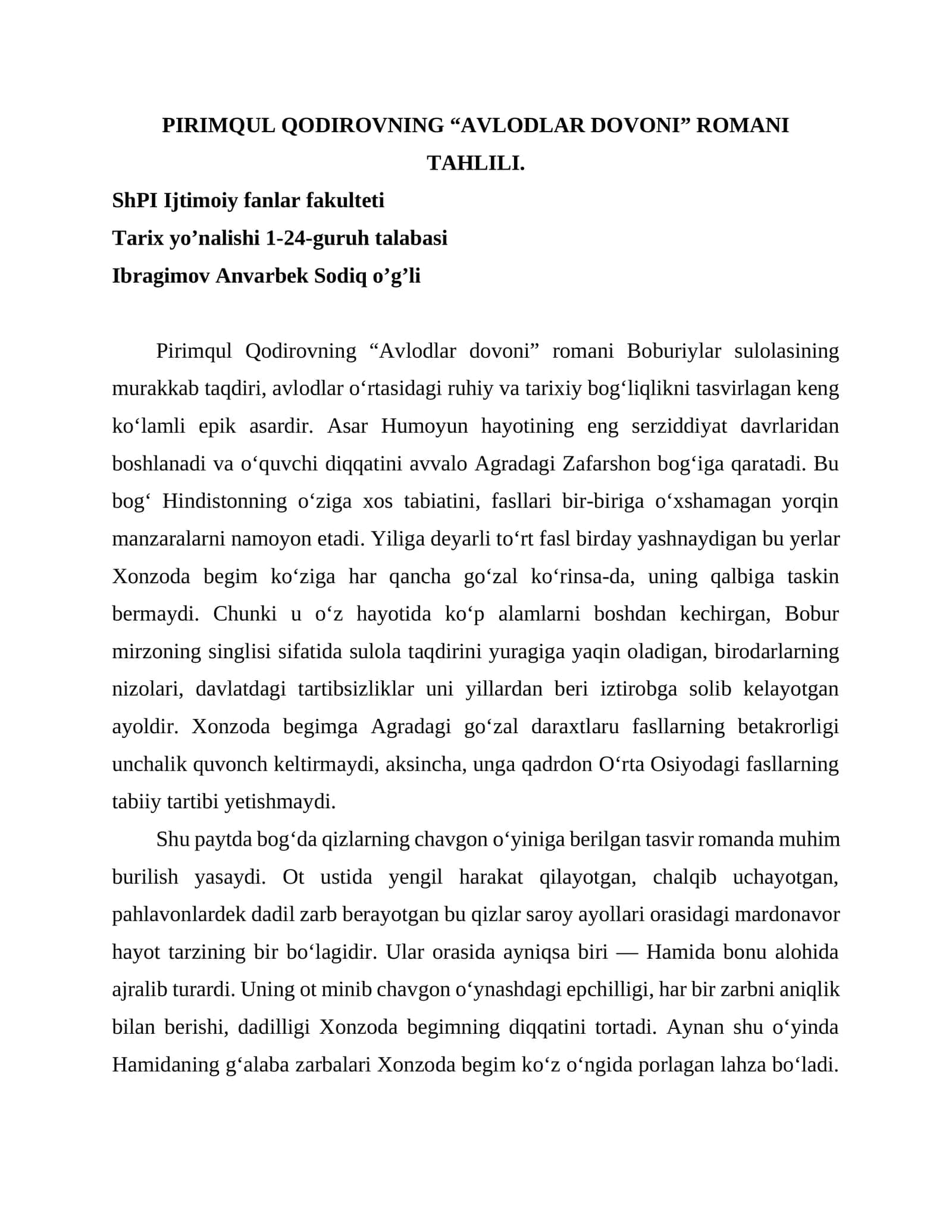 PIRIMQUL QODIROVNING “AVLODLAR DOVONI” ROMANI TAHLILI