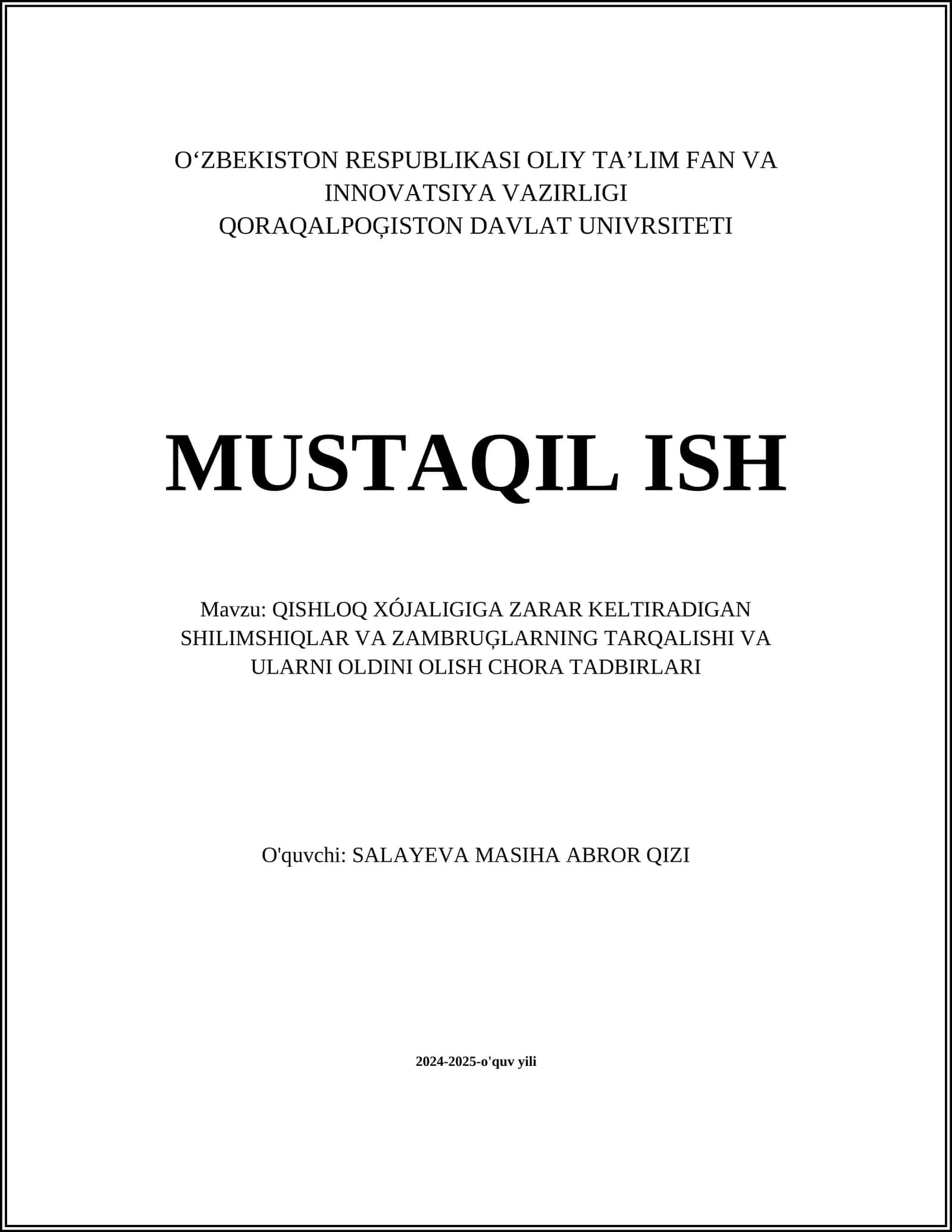 QISHLOQ XÓJALIGIGA ZARAR KELTIRADIGAN SHILIMSHIQLAR VA ZAMBRUĢLARNING TARQALISHI VA ULARNI OLDINI OLISH CHORA TADBIRLARI