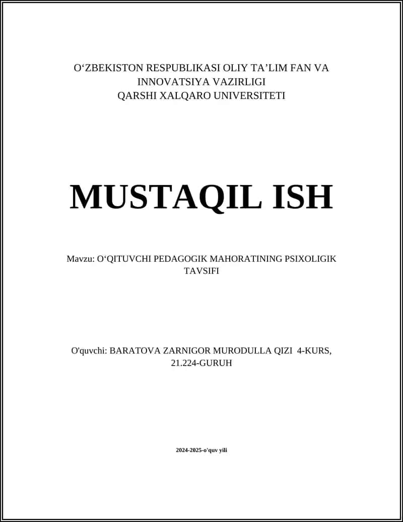 O'QITUVCHI PEDAGOGIK MAHORATINING PSIXOLIGIK TAVSIFI