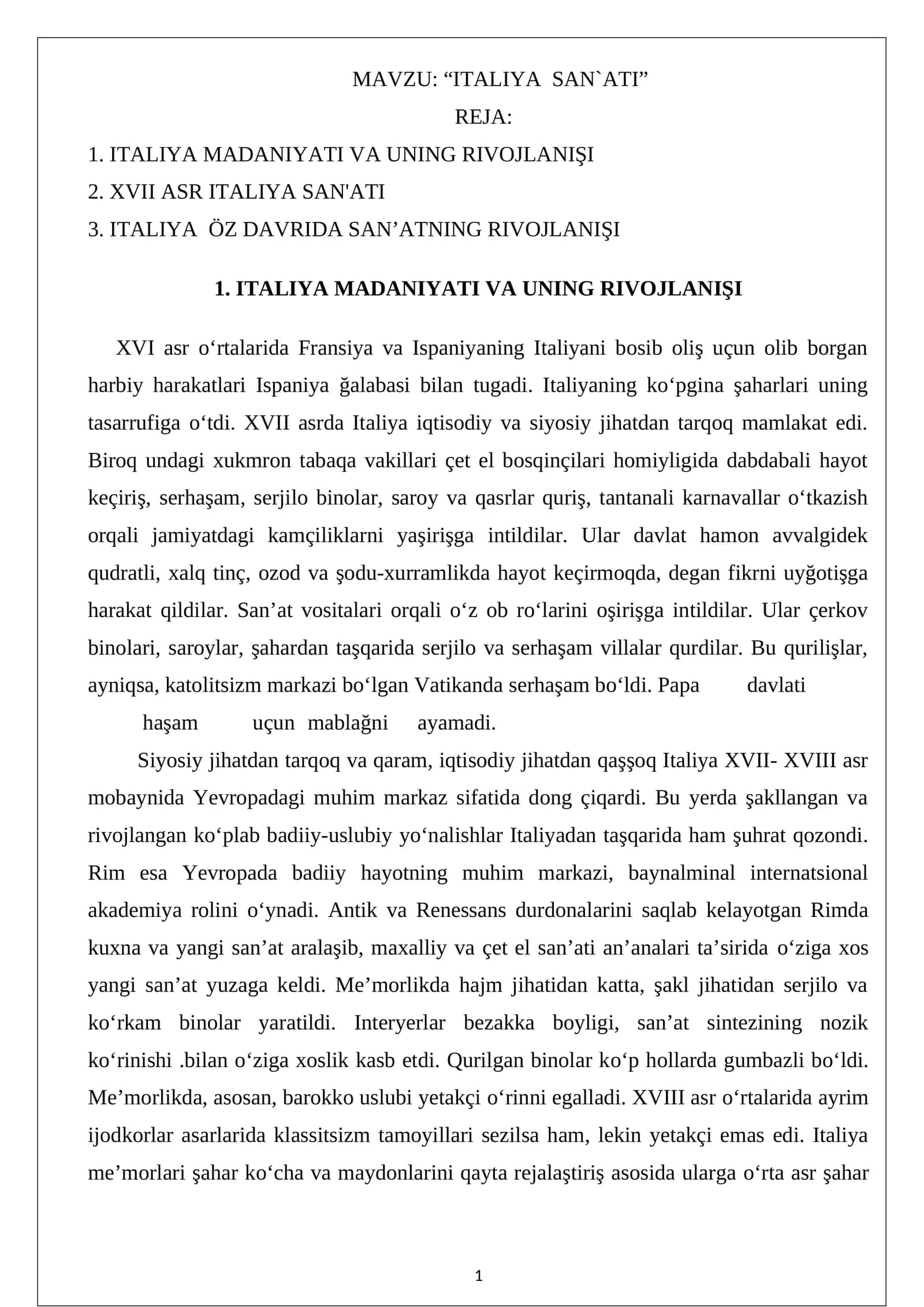 ITALIYADA UYG’ONISH DAVRI SAN`ATI
